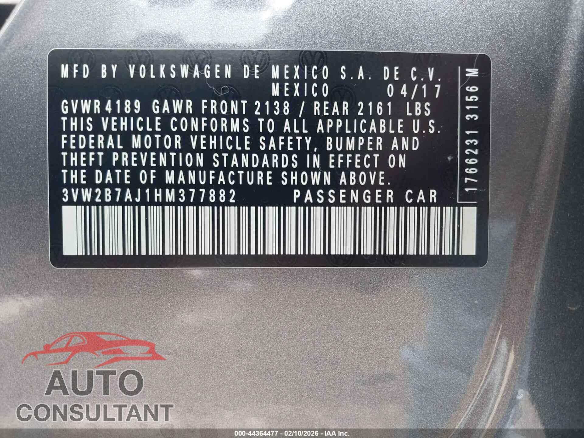 VOLKSWAGEN JETTA 2017 - 3VW2B7AJ1HM377882