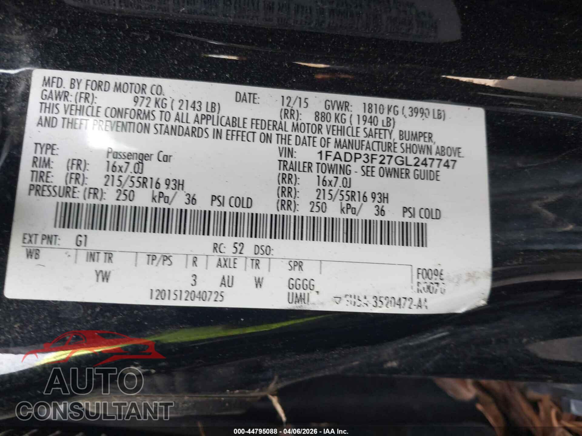 FORD FOCUS 2016 - 1FADP3F27GL247747