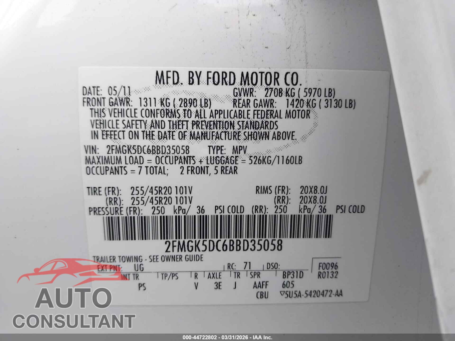 FORD FLEX 2011 - 2FMGK5DC6BBD35058