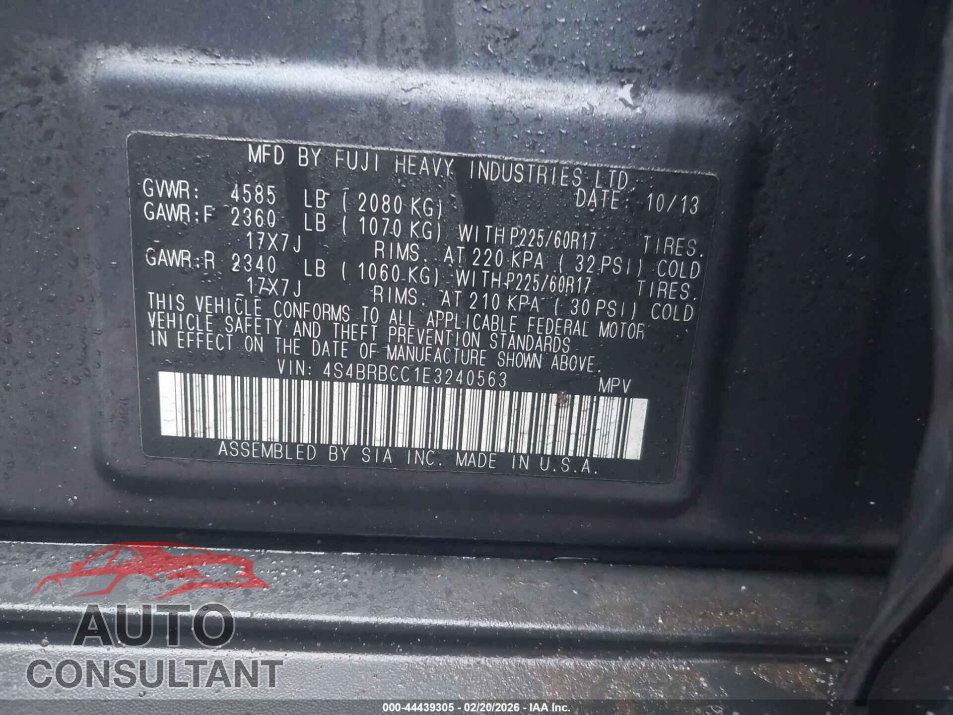 SUBARU OUTBACK 2014 - 4S4BRBCC1E3240563