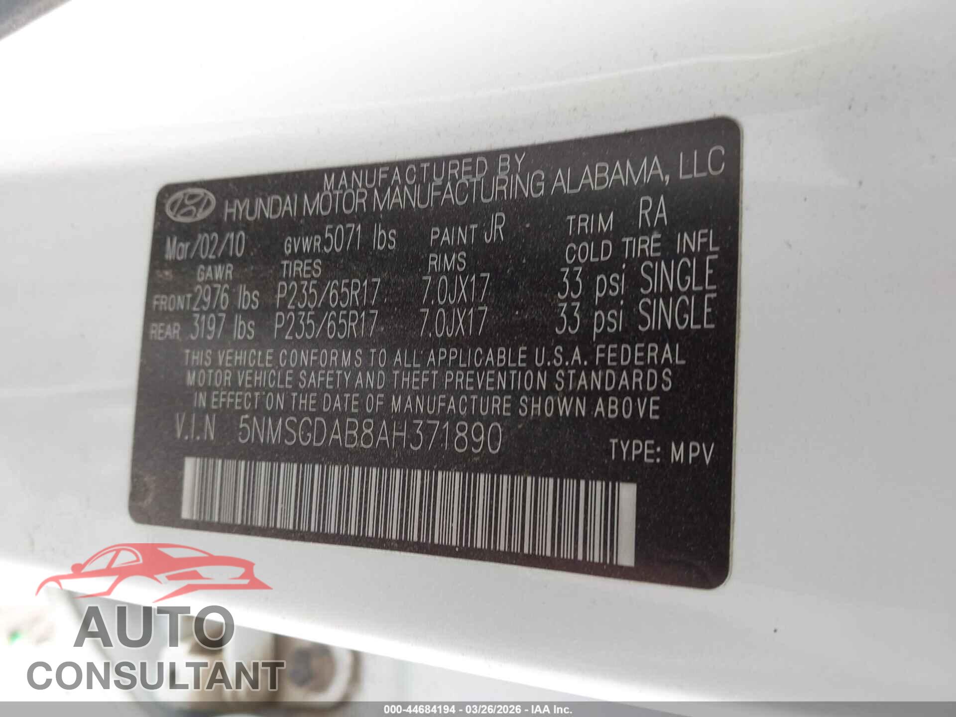 HYUNDAI SANTA FE 2010 - 5NMSGDAB8AH371890