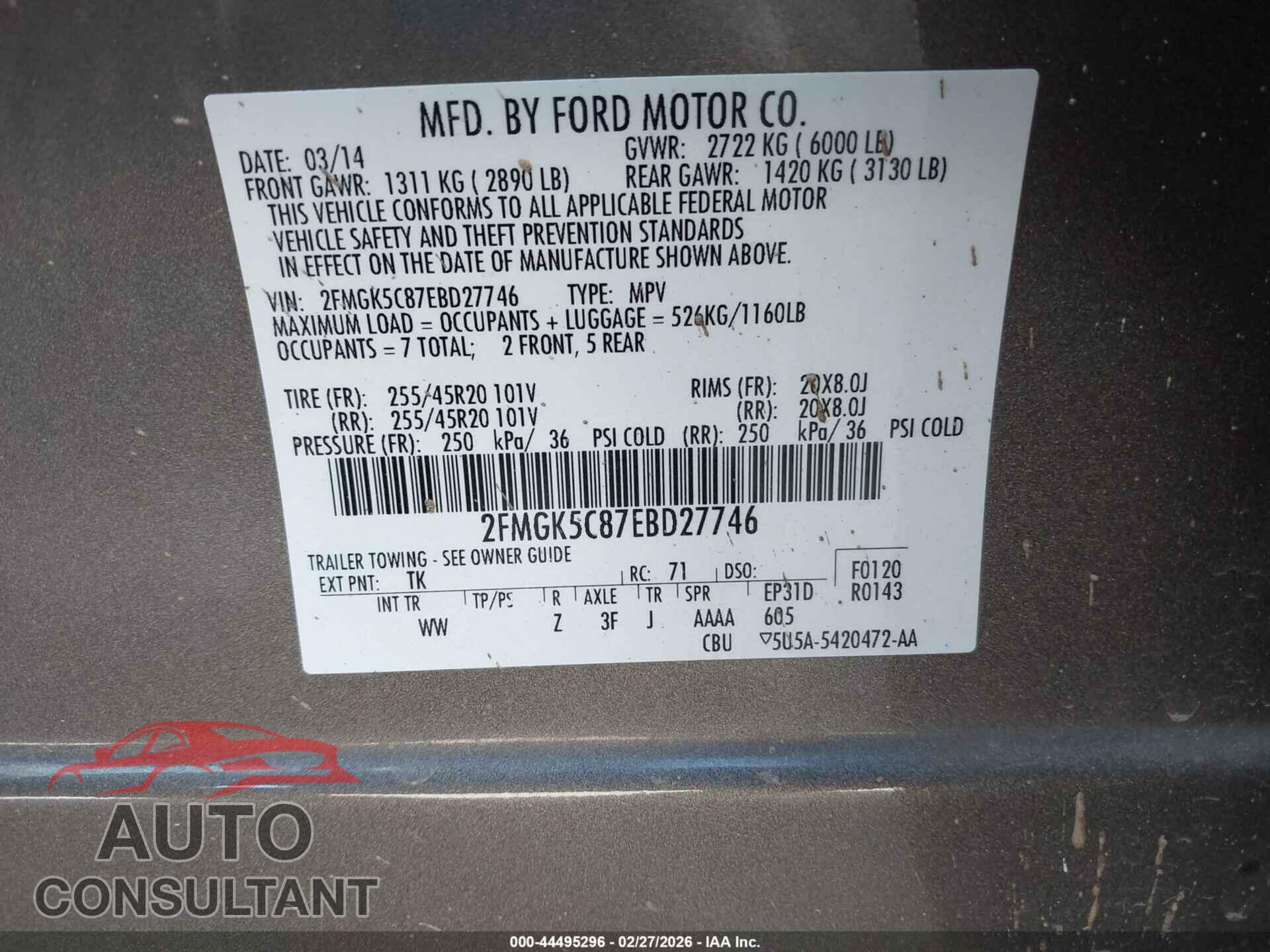 FORD FLEX 2014 - 2FMGK5C87EBD27746