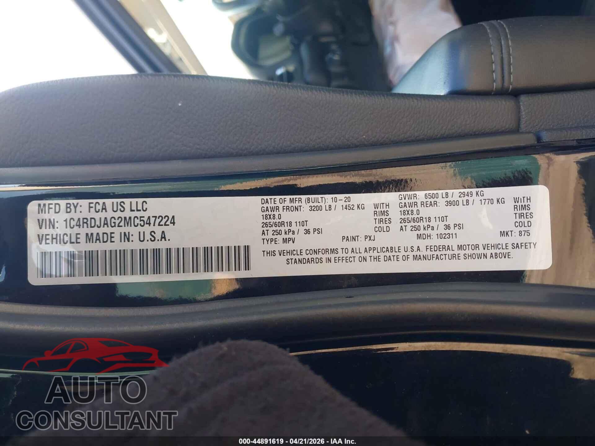 DODGE DURANGO 2021 - 1C4RDJAG2MC547224