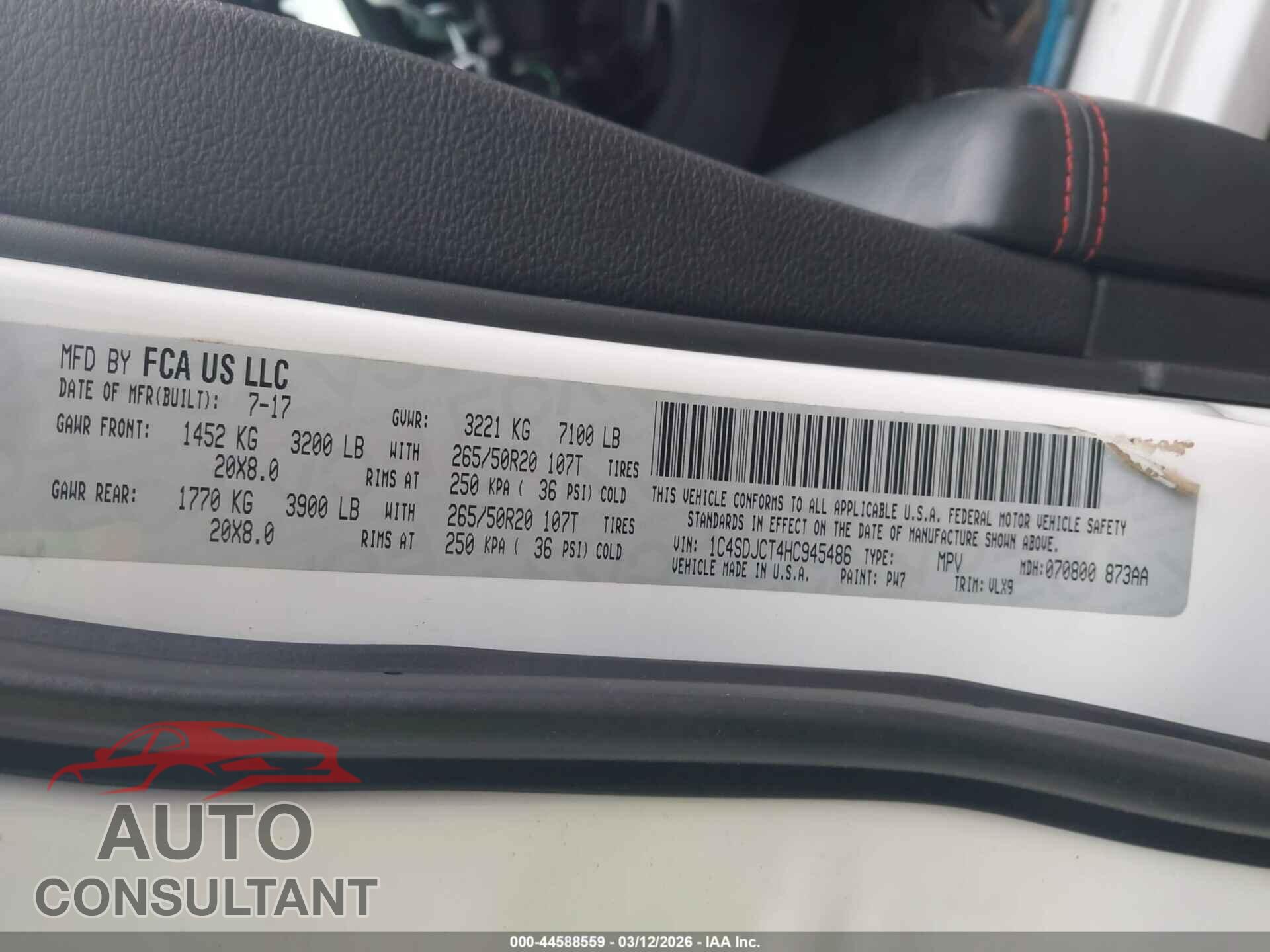 DODGE DURANGO 2017 - 1C4SDJCT4HC945486