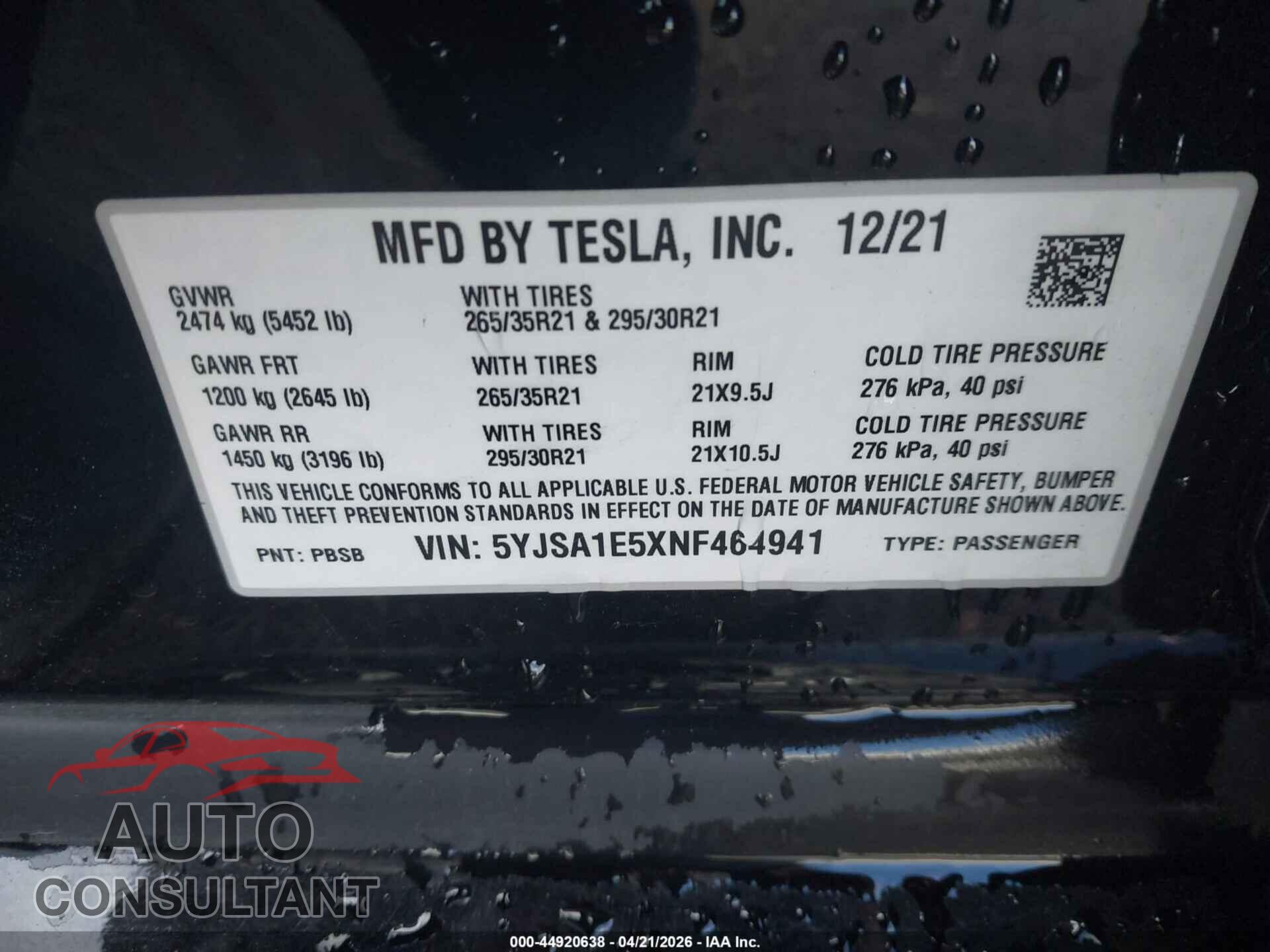 TESLA MODEL S 2022 - 5YJSA1E5XNF464941