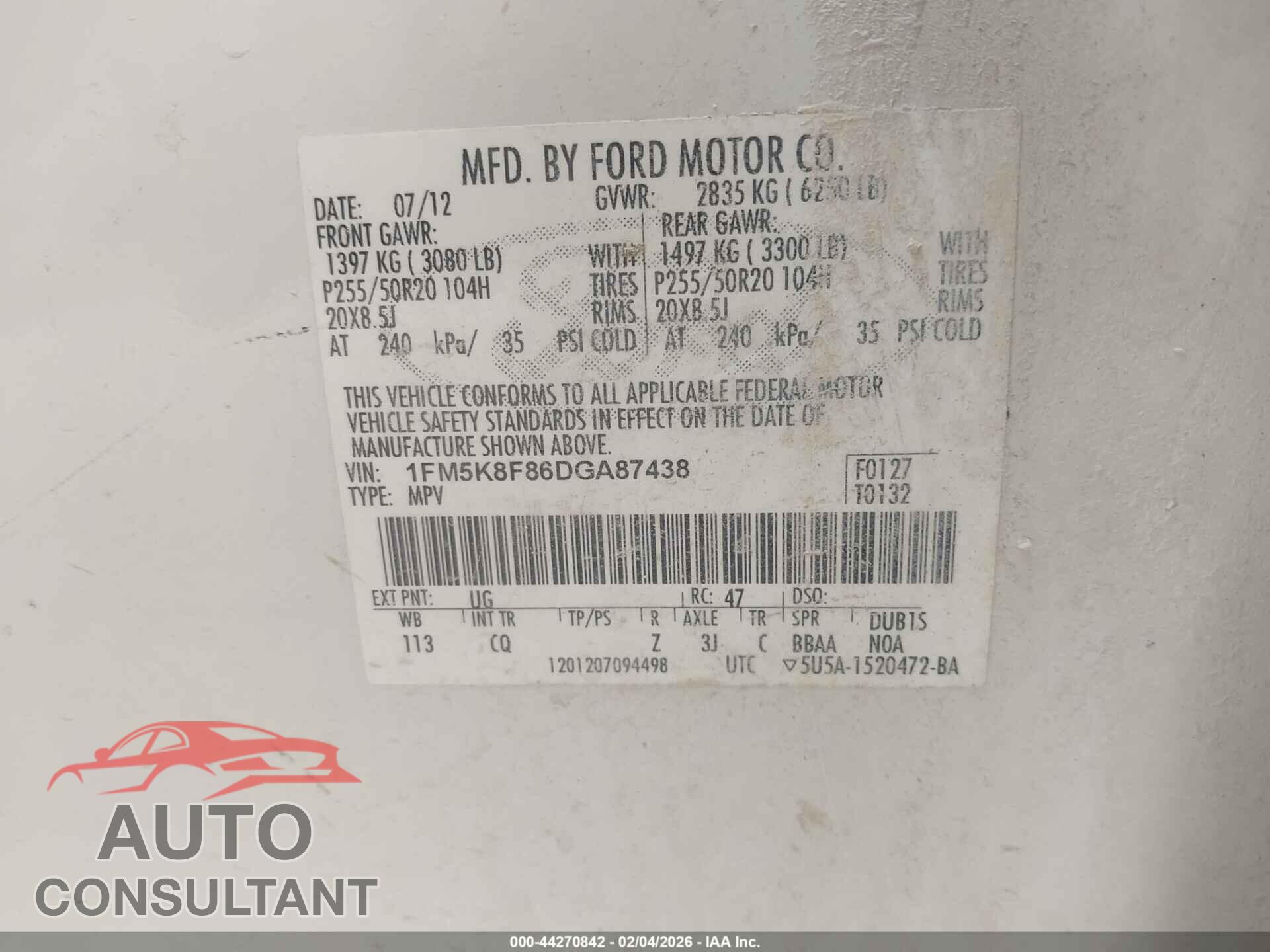 FORD EXPLORER 2013 - 1FM5K8F86DGA87438