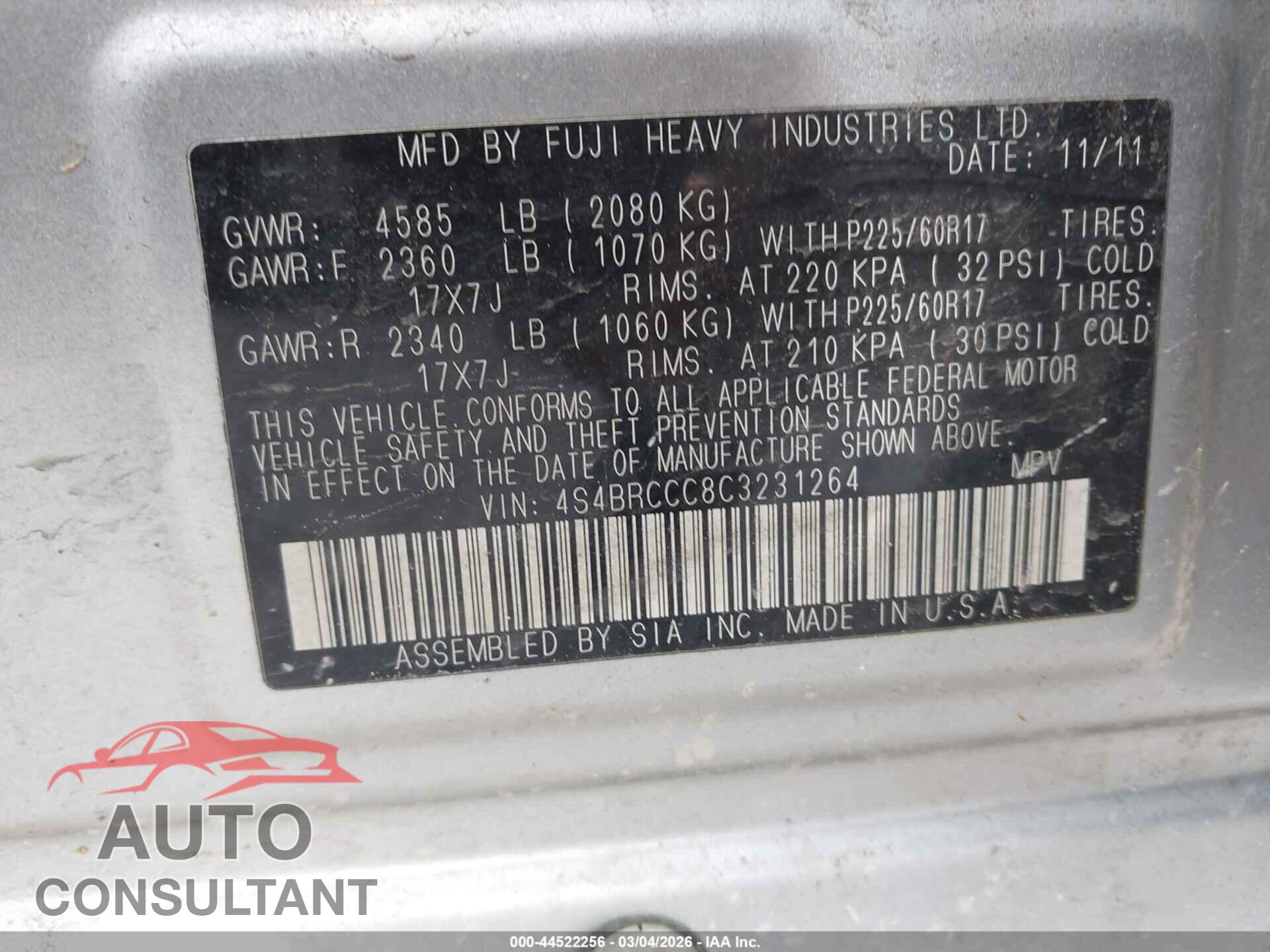 SUBARU OUTBACK 2012 - 4S4BRCCC8C3231264