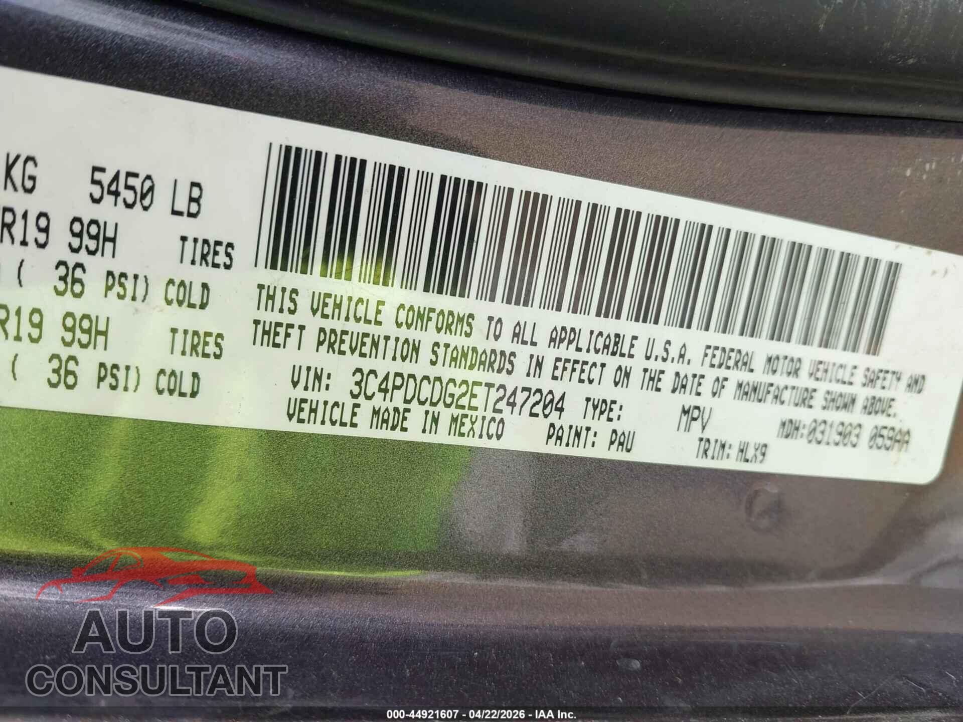 DODGE JOURNEY 2014 - 3C4PDCDG2ET247204