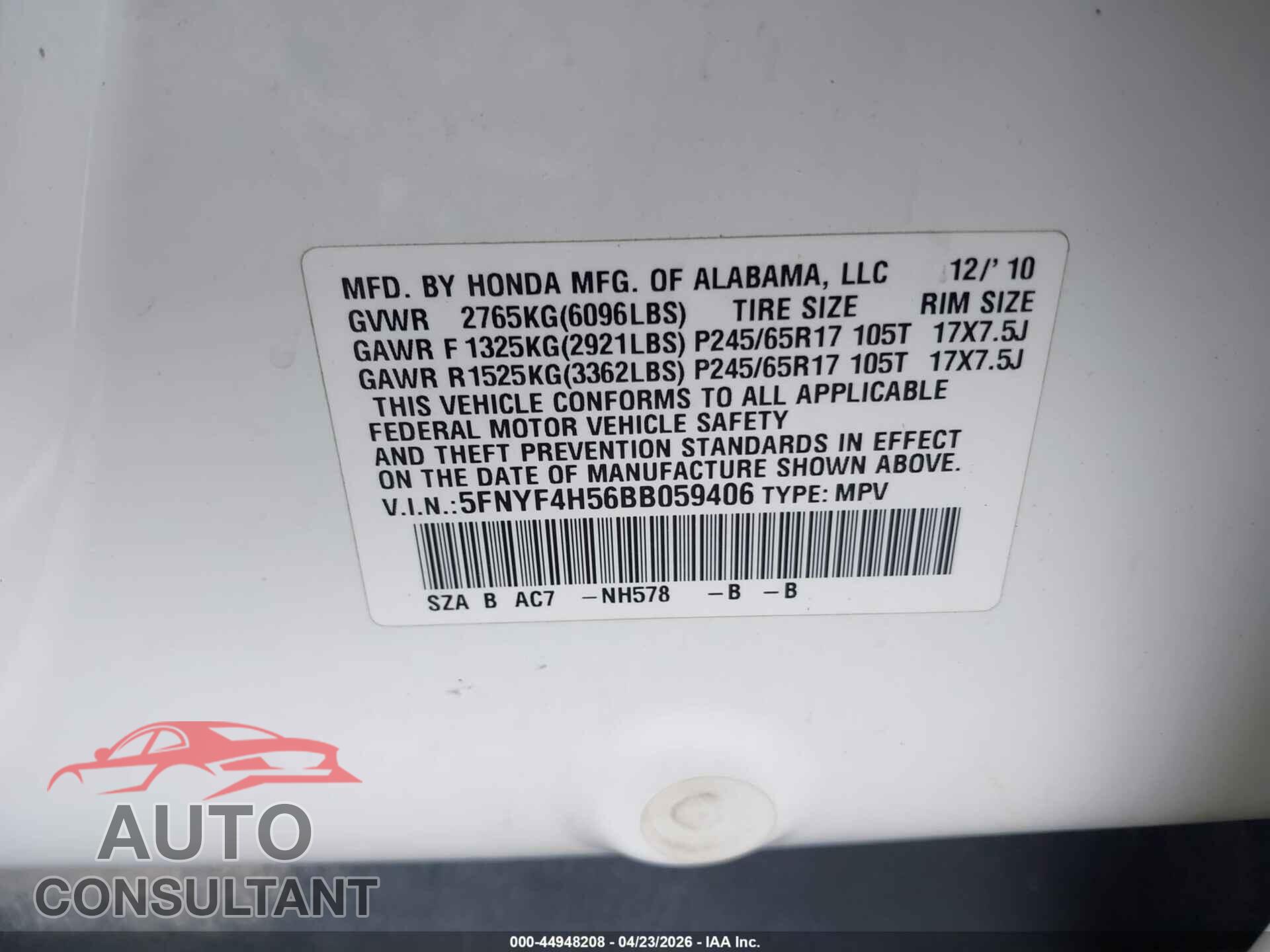 HONDA PILOT 2011 - 5FNYF4H56BB059406