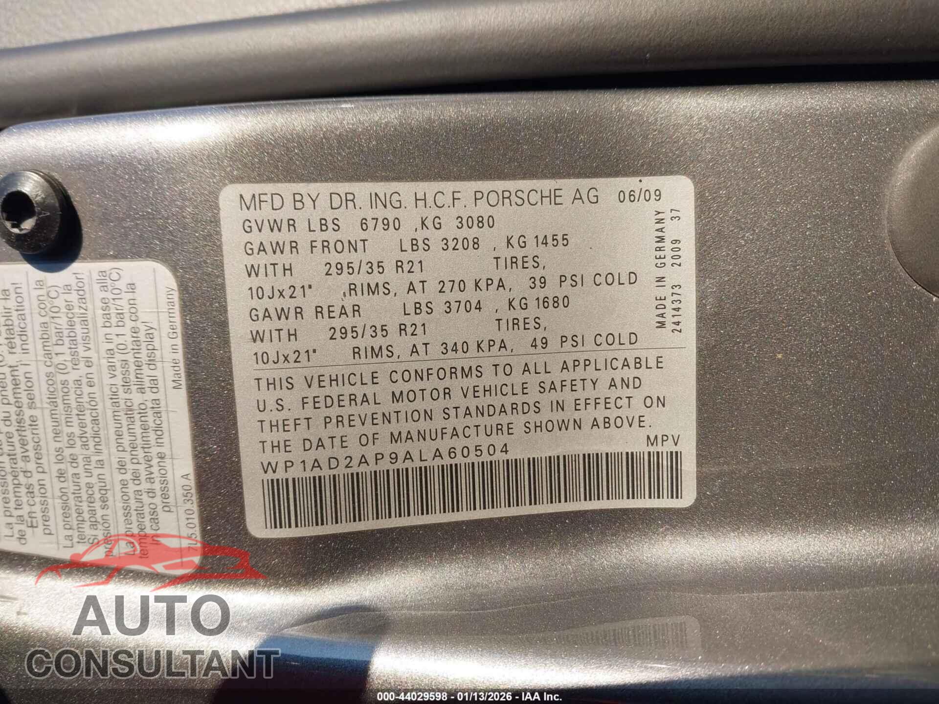 PORSCHE CAYENNE 2010 - WP1AD2AP9ALA60504