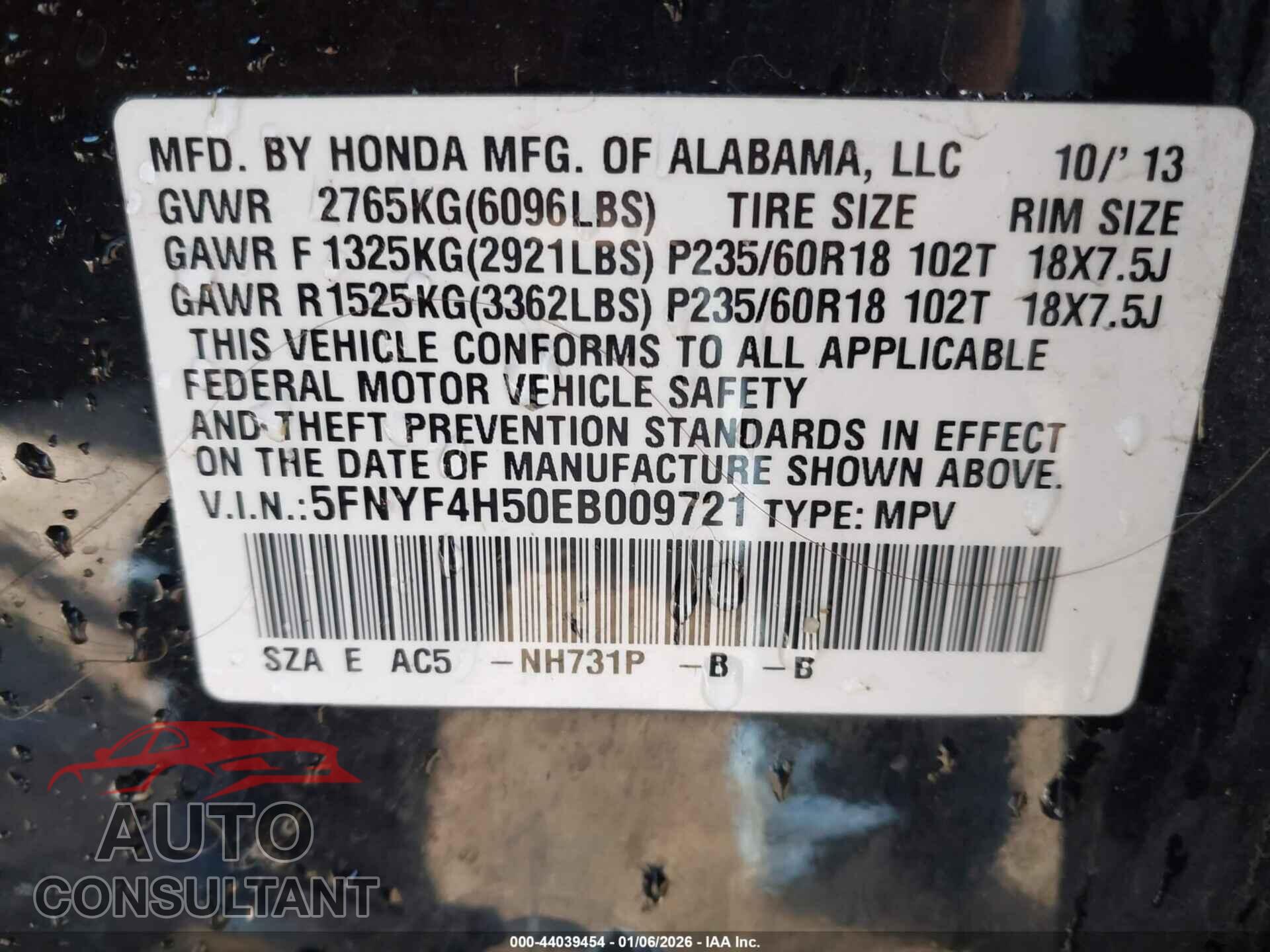 HONDA PILOT 2014 - 5FNYF4H50EB009721