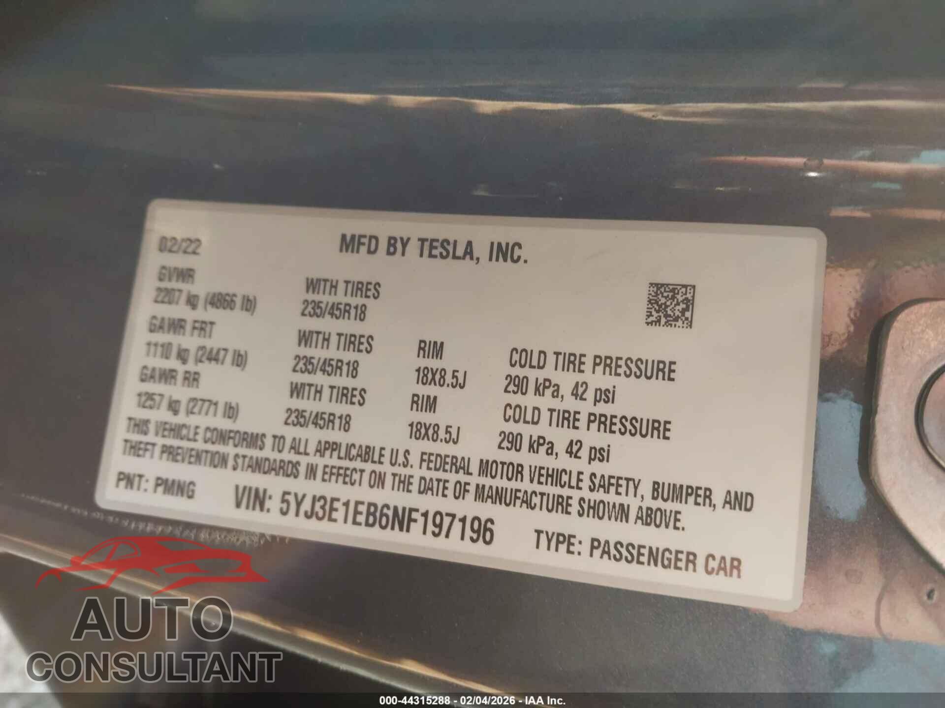 TESLA MODEL 3 2022 - 5YJ3E1EB6NF197196