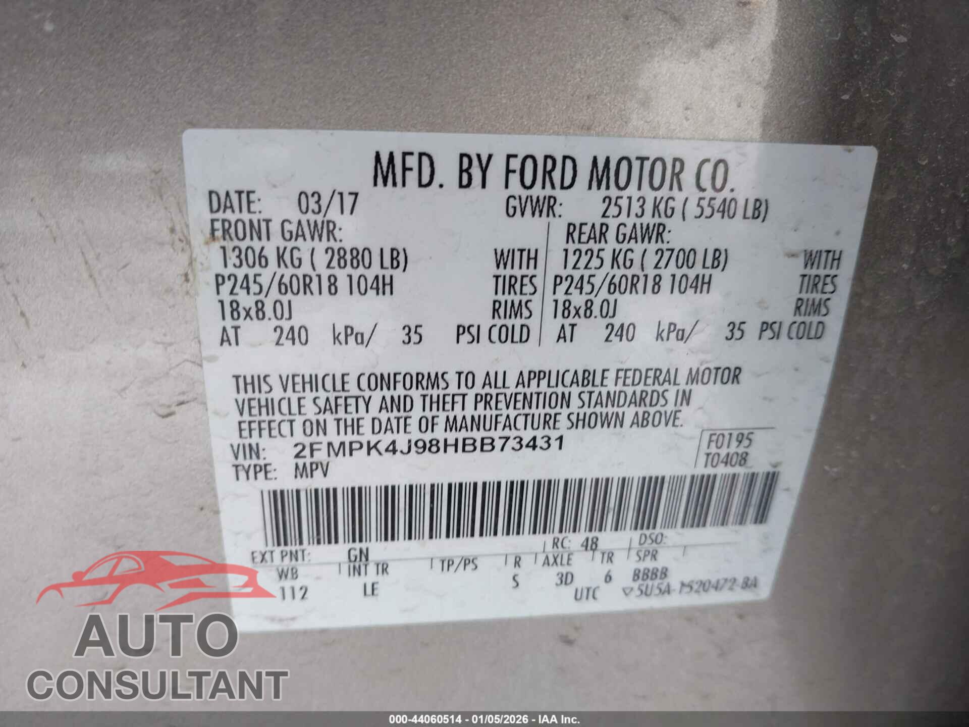 FORD EDGE 2017 - 2FMPK4J98HBB73431
