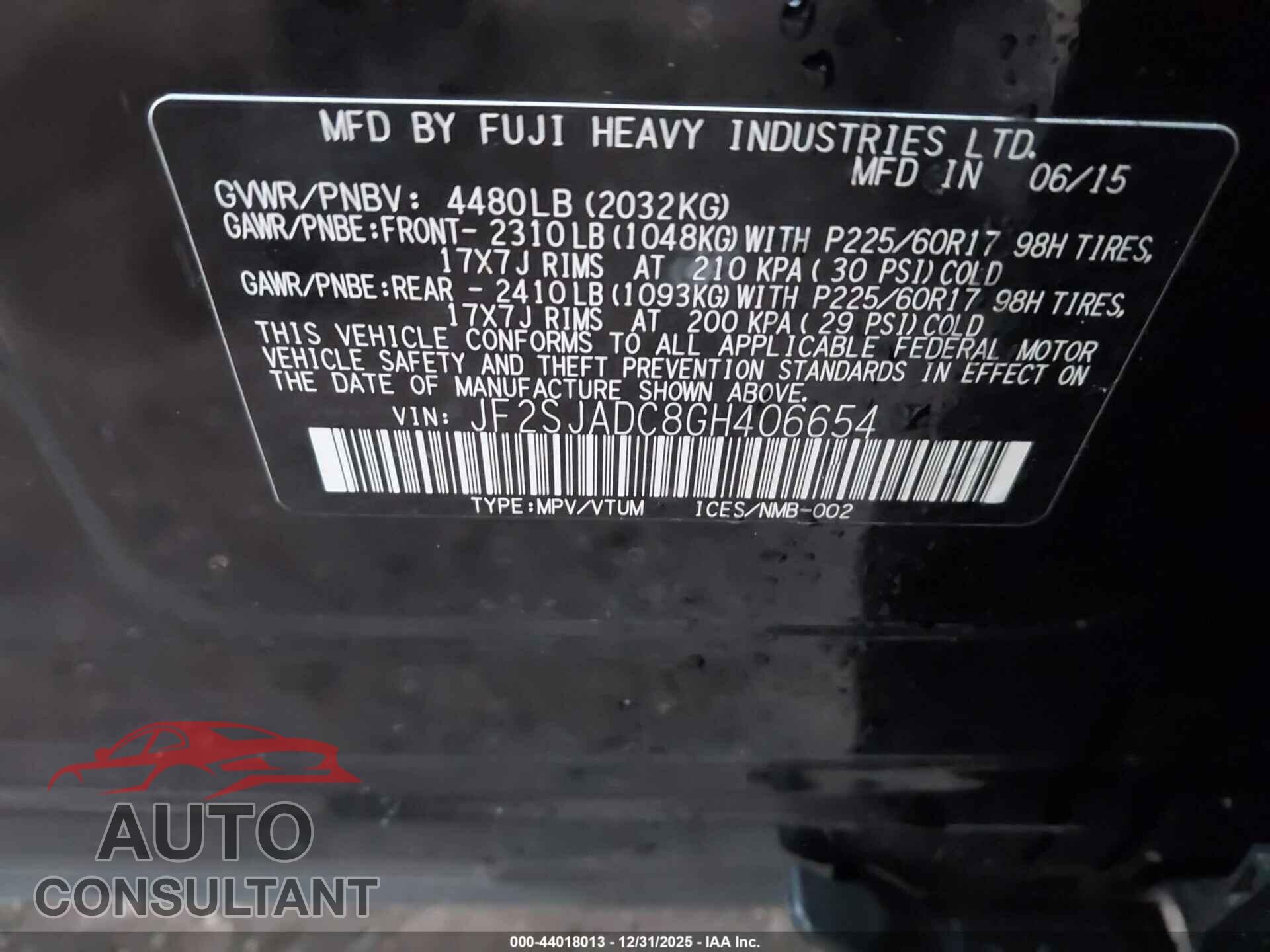 SUBARU FORESTER 2016 - JF2SJADC8GH406654
