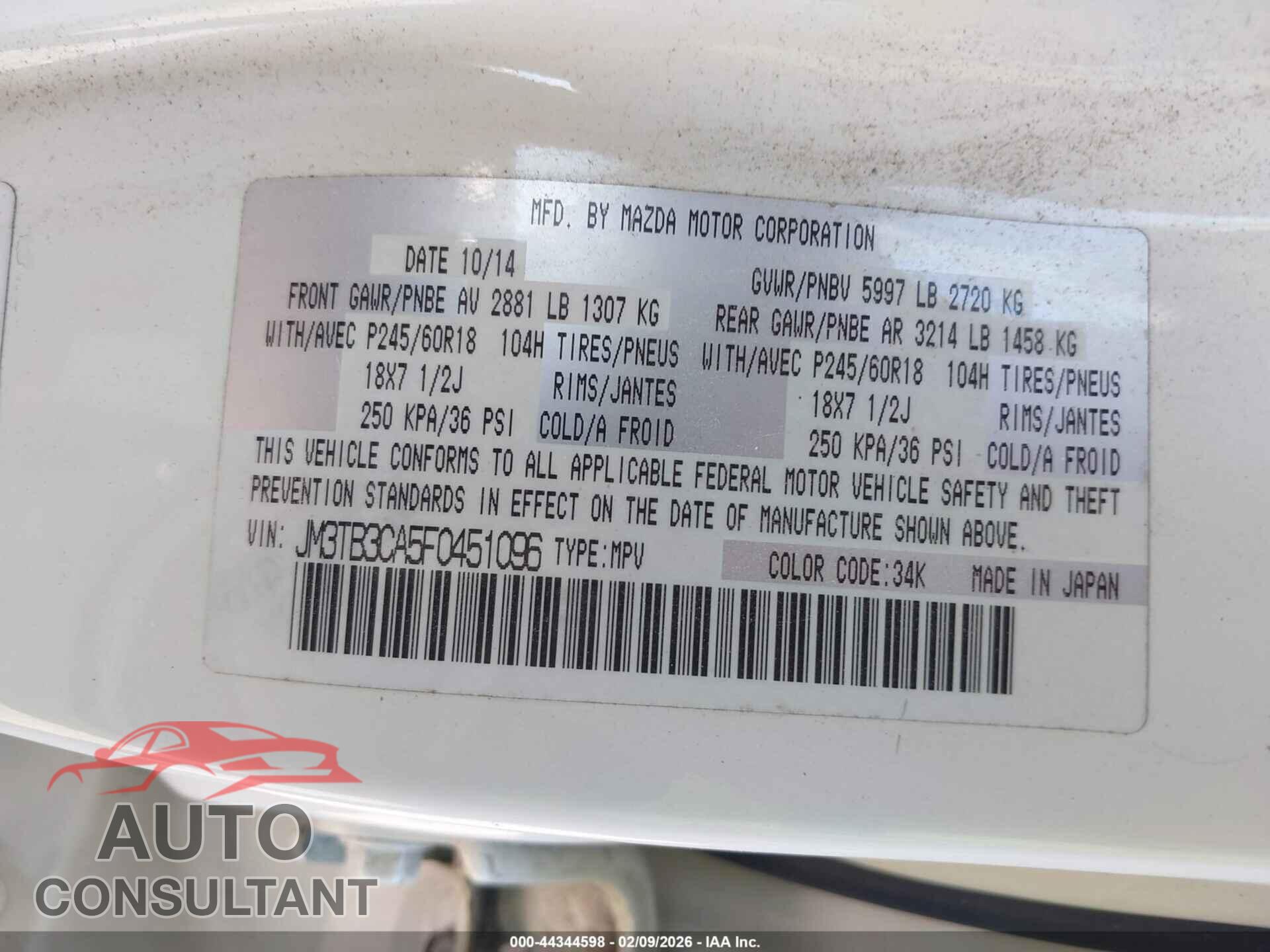 MAZDA CX-9 2015 - JM3TB3CA5F0451096