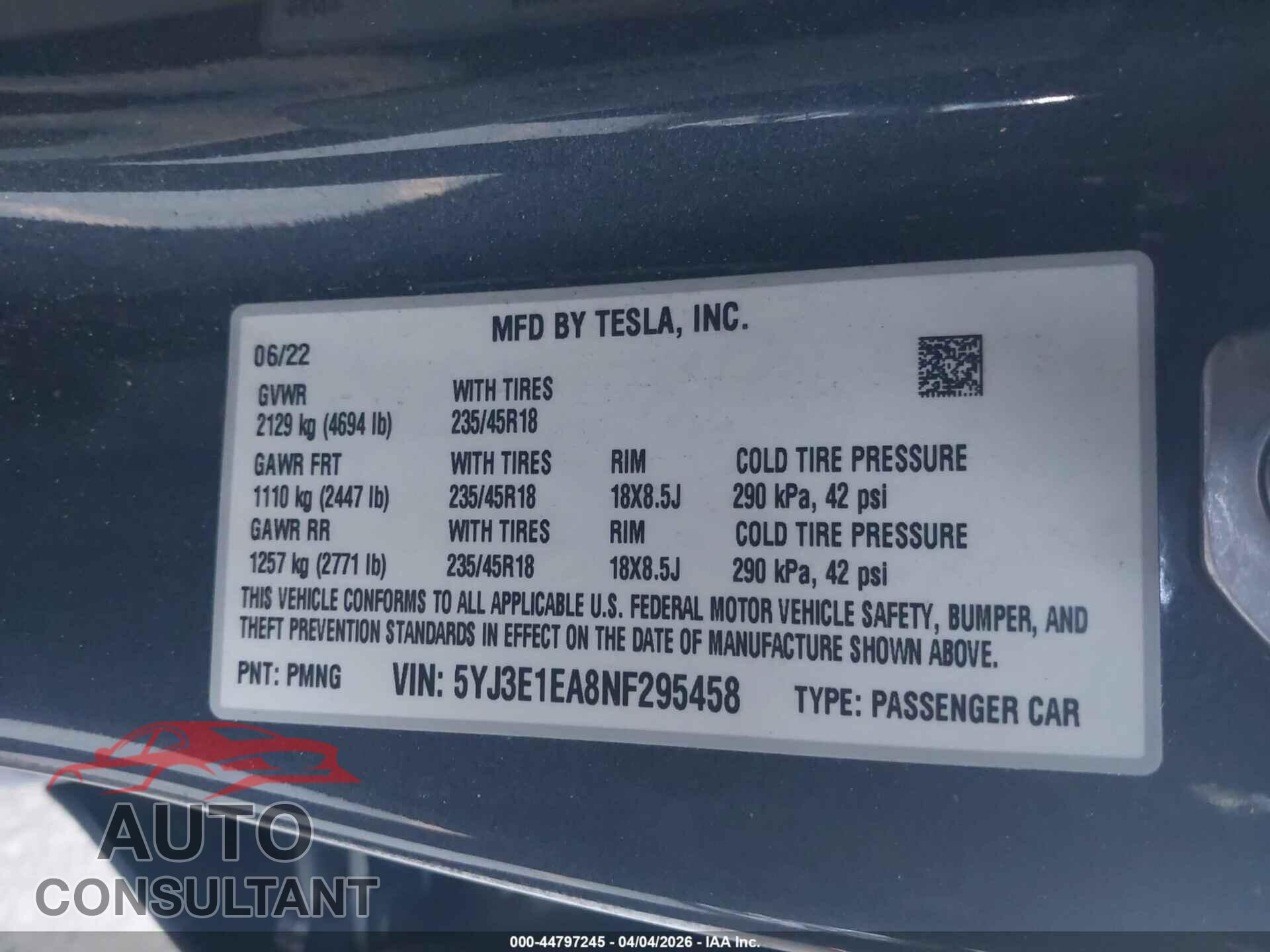 TESLA MODEL 3 2022 - 5YJ3E1EA8NF295458