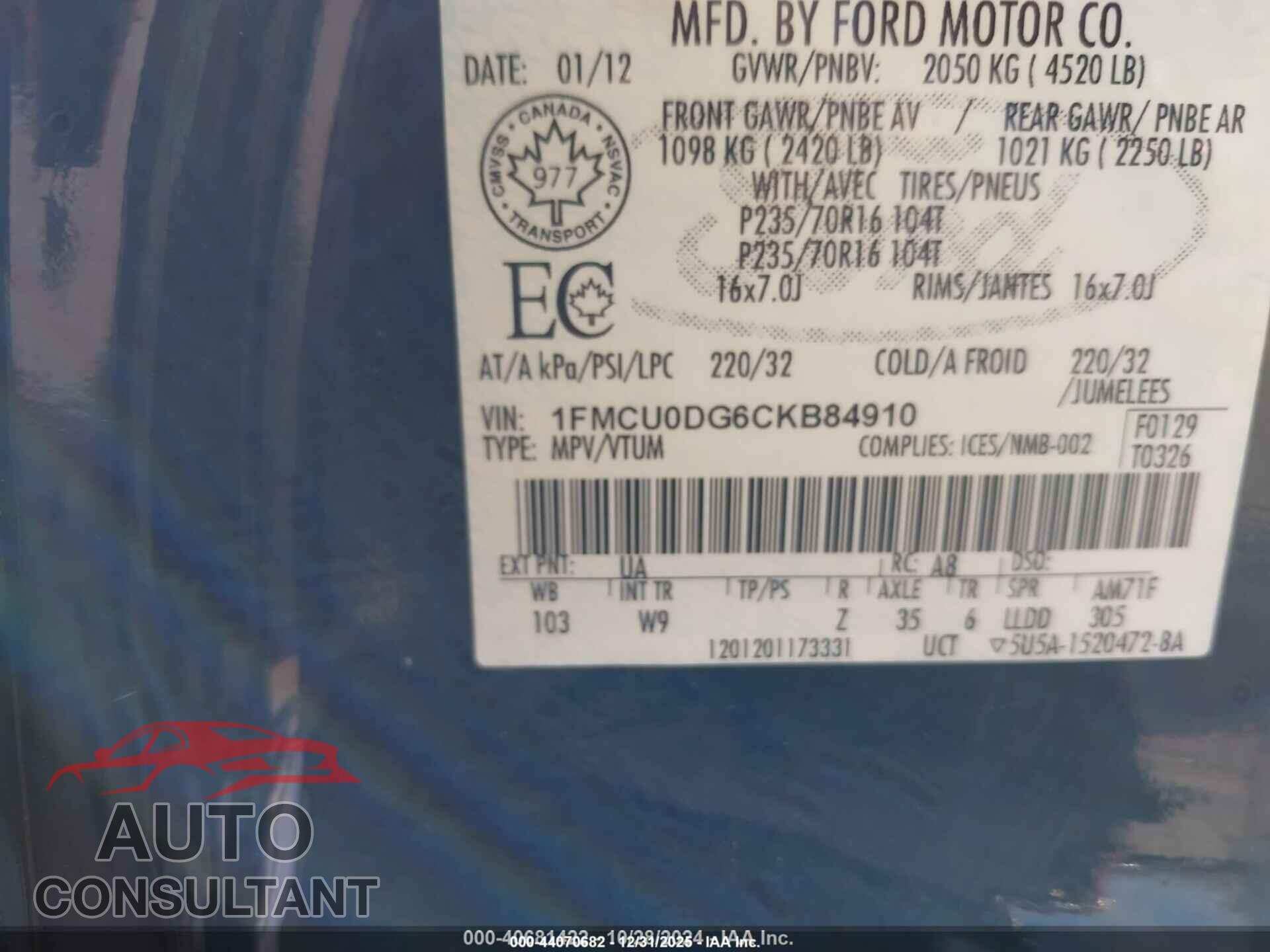 FORD ESCAPE 2012 - 1FMCU0DG6CKB84910