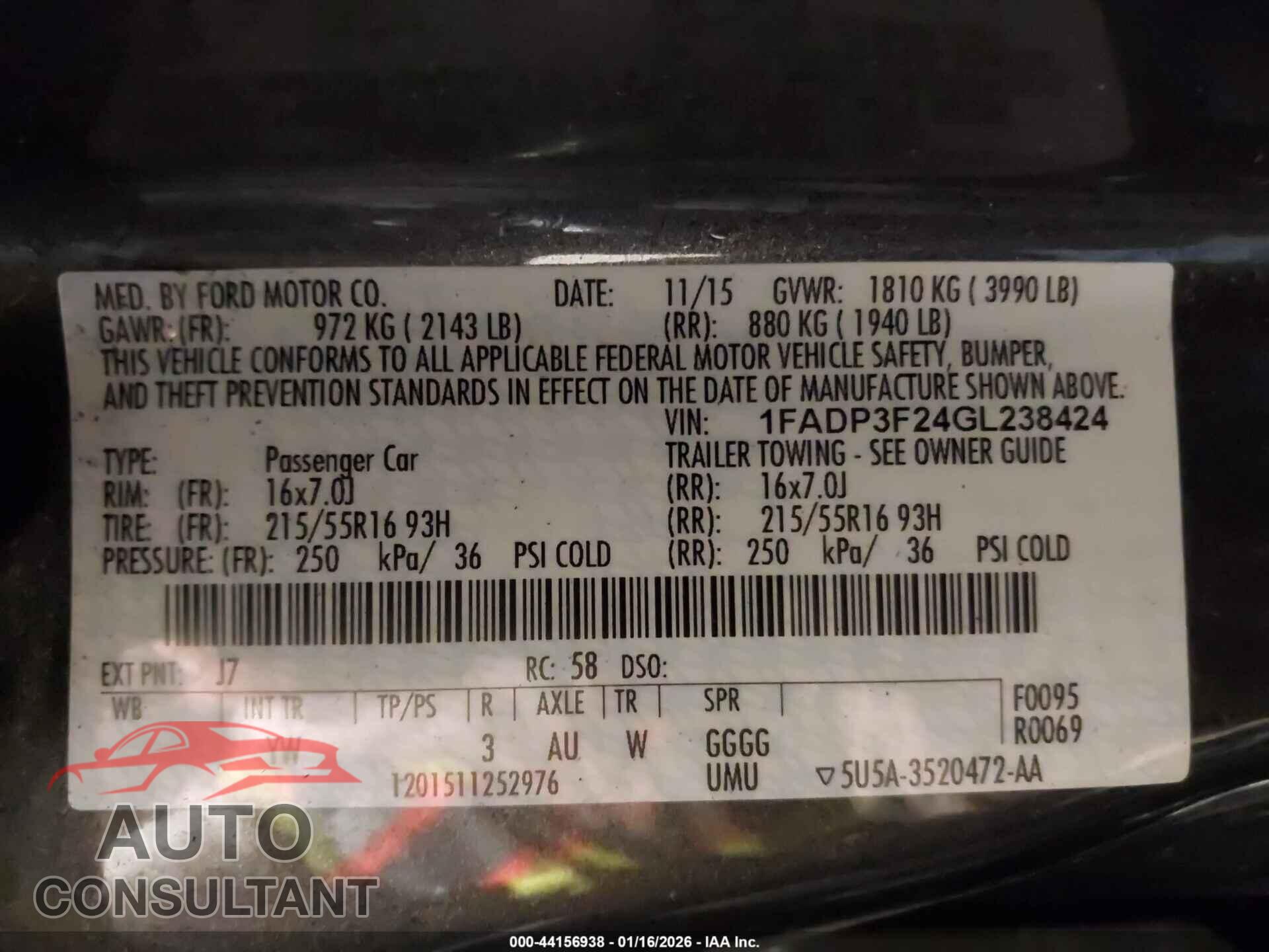 FORD FOCUS 2016 - 1FADP3F24GL238424