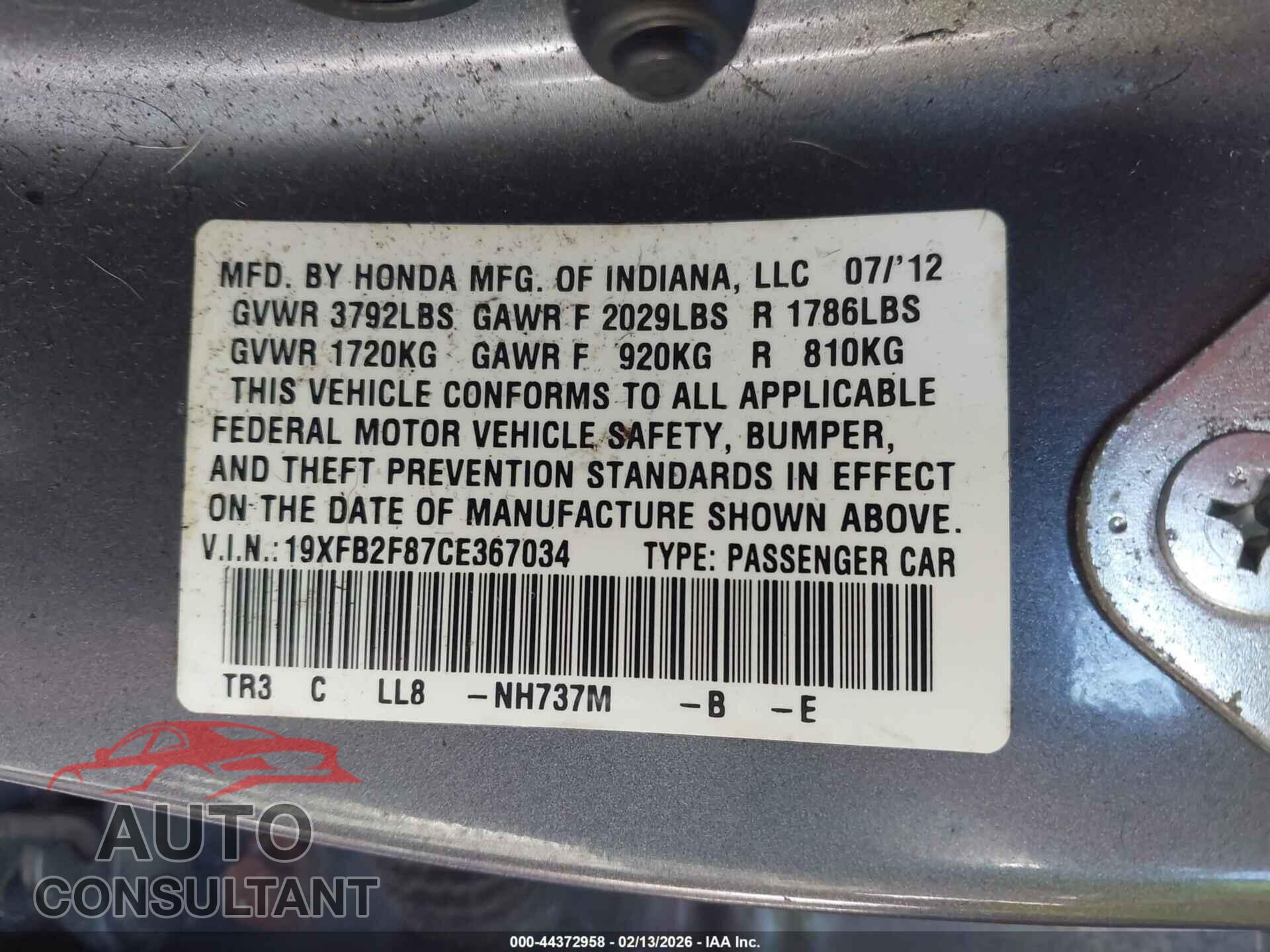 HONDA CIVIC 2012 - 19XFB2F87CE367034