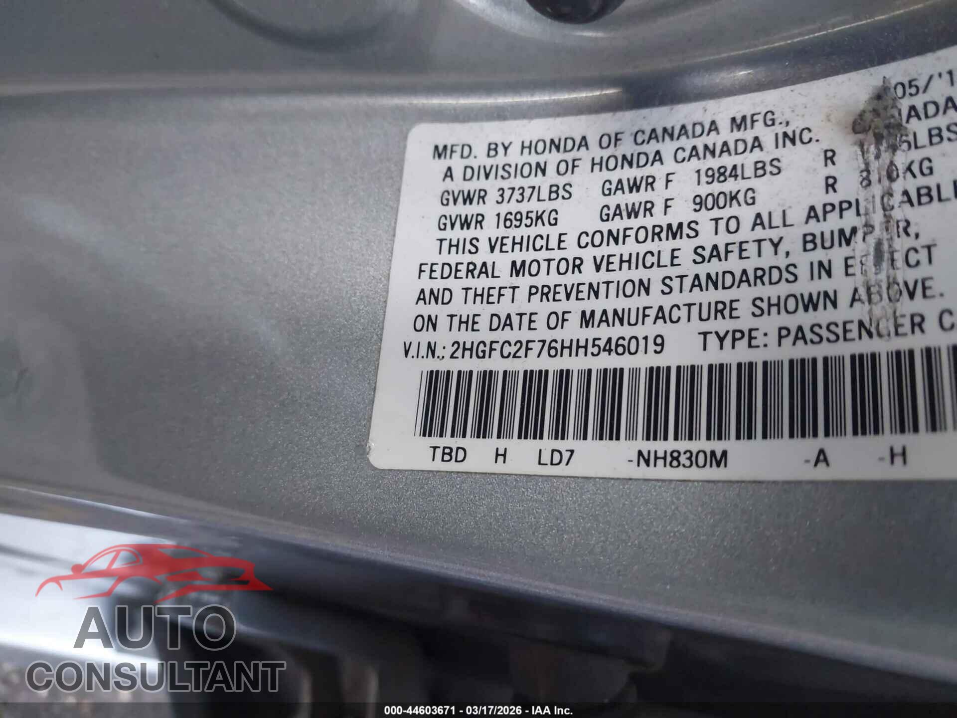 HONDA CIVIC 2017 - 2HGFC2F76HH546019