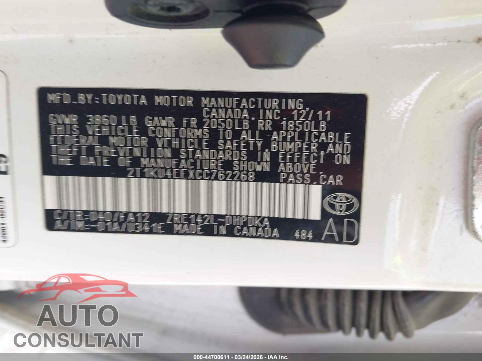 TOYOTA MATRIX 2012 - 2T1KU4EEXCC762268