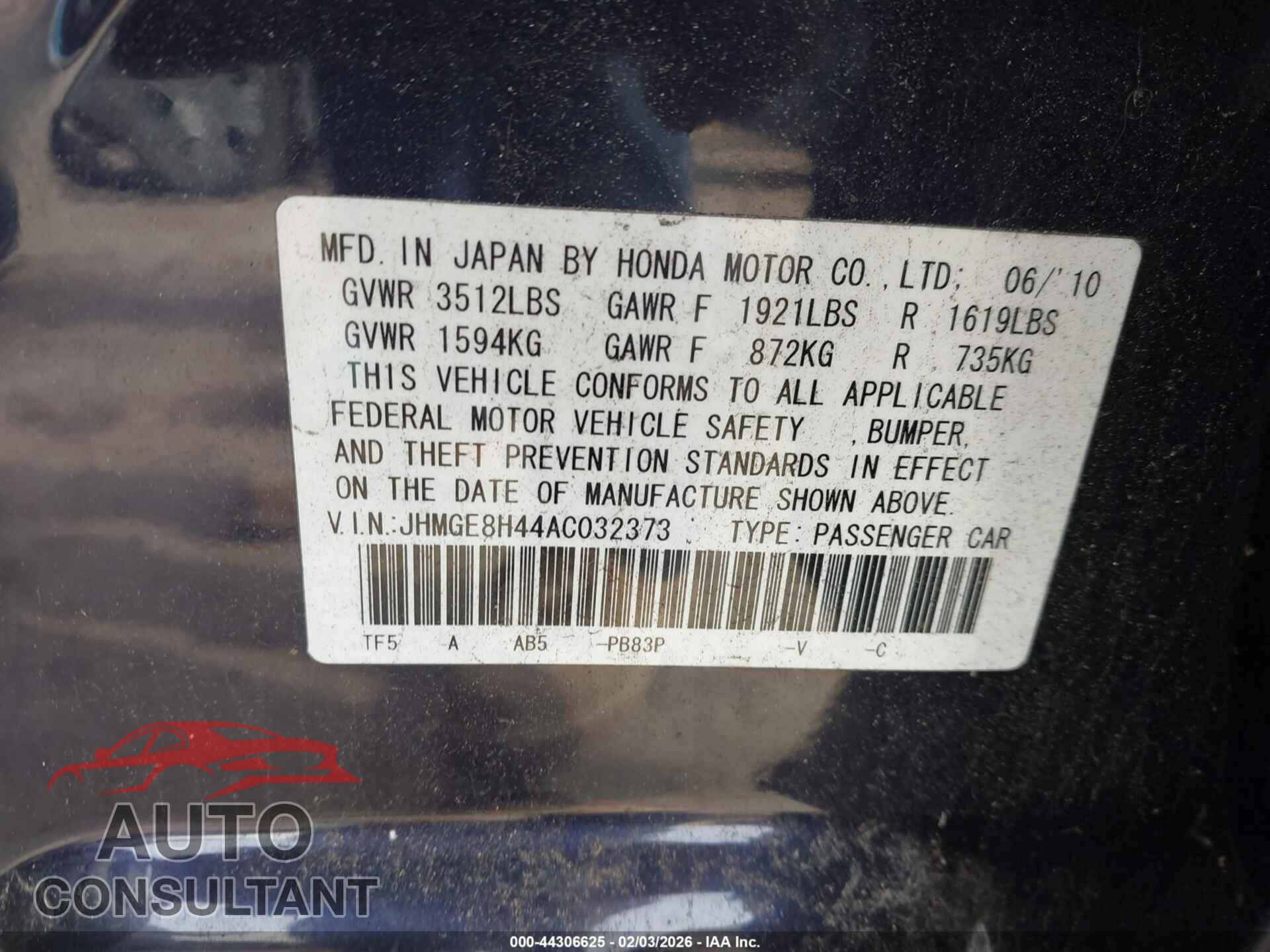 HONDA FIT 2010 - JHMGE8H44AC032373