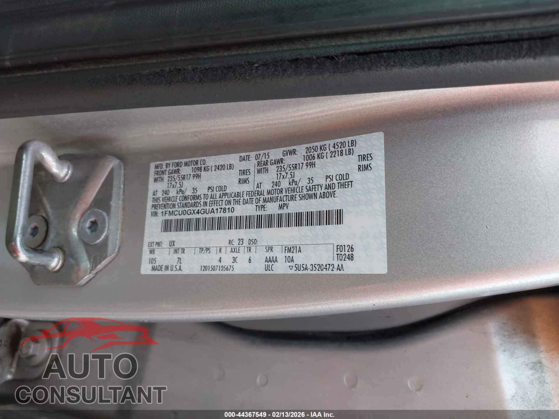 FORD ESCAPE 2016 - 1FMCU0GX4GUA17810