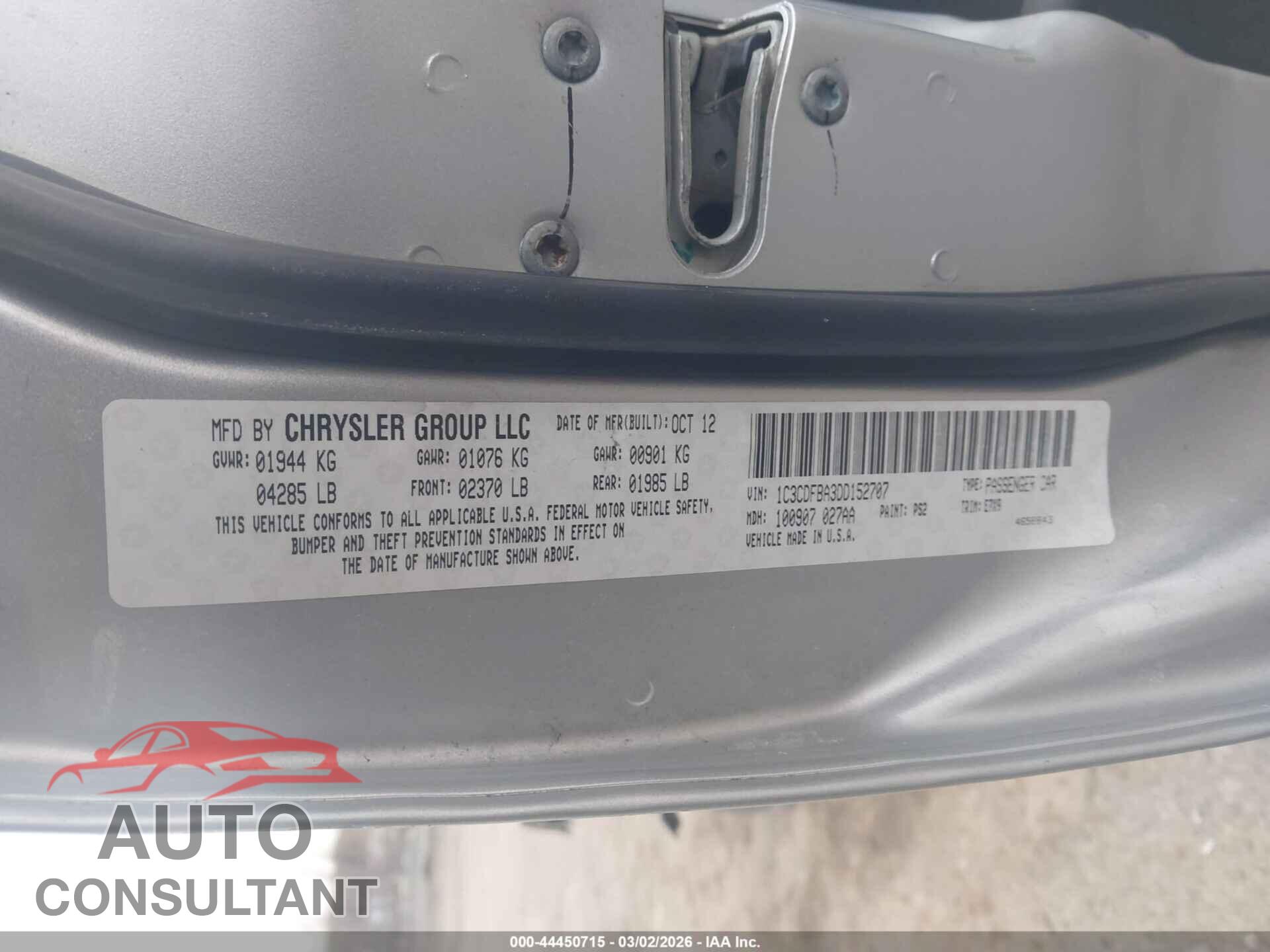 DODGE DART 2013 - 1C3CDFBA3DD152707