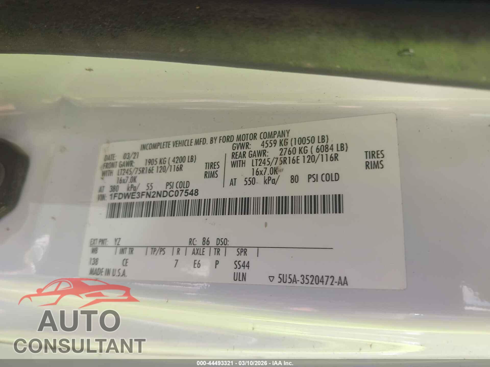 FORD E-350 CUTAWAY 2022 - 1FDWE3FN2NDC07548
