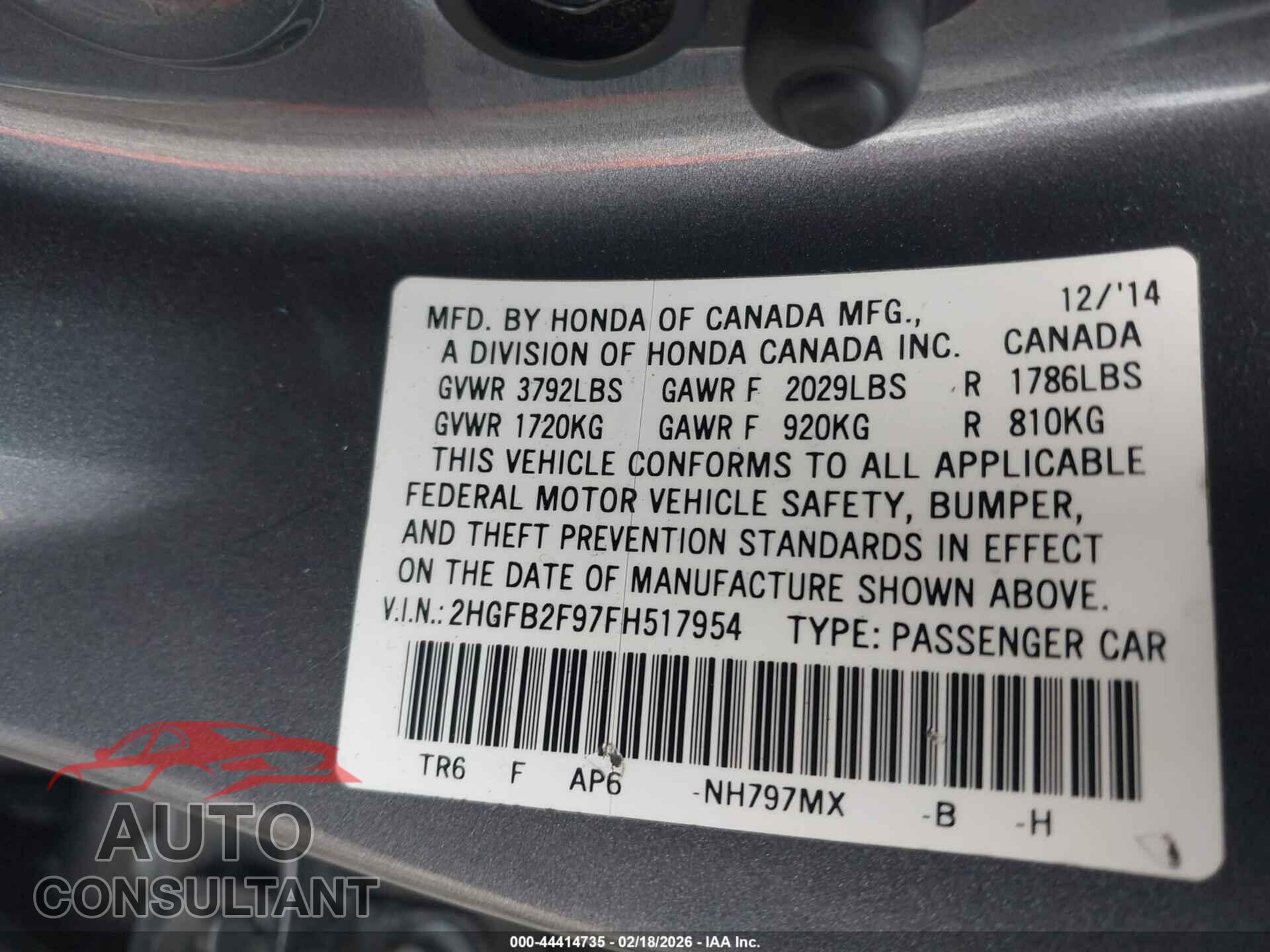 HONDA CIVIC 2015 - 2HGFB2F97FH517954