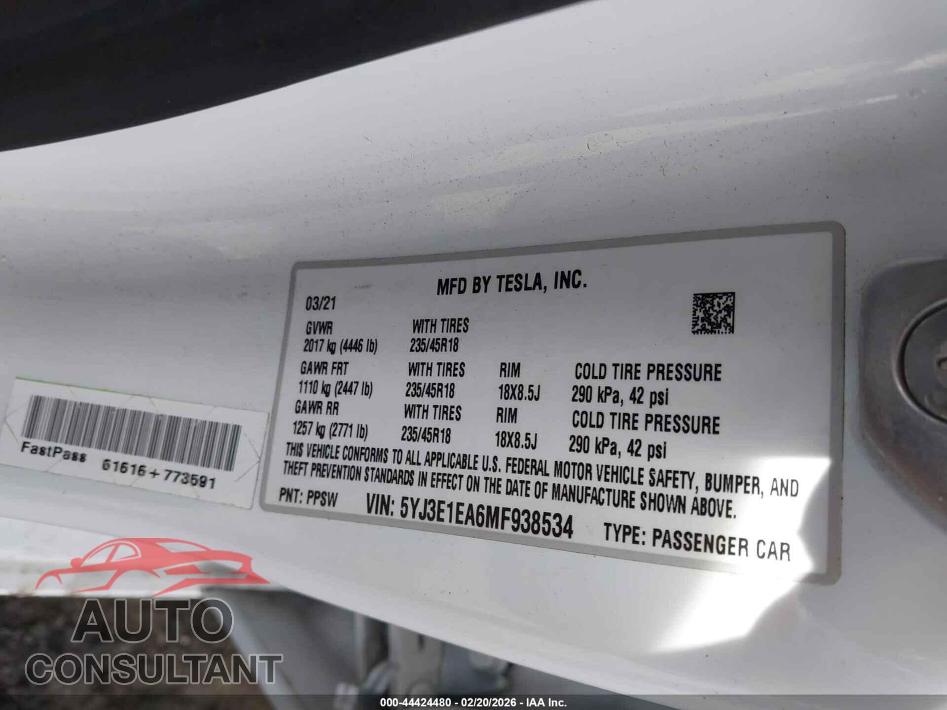 TESLA MODEL 3 2021 - 5YJ3E1EA6MF938534