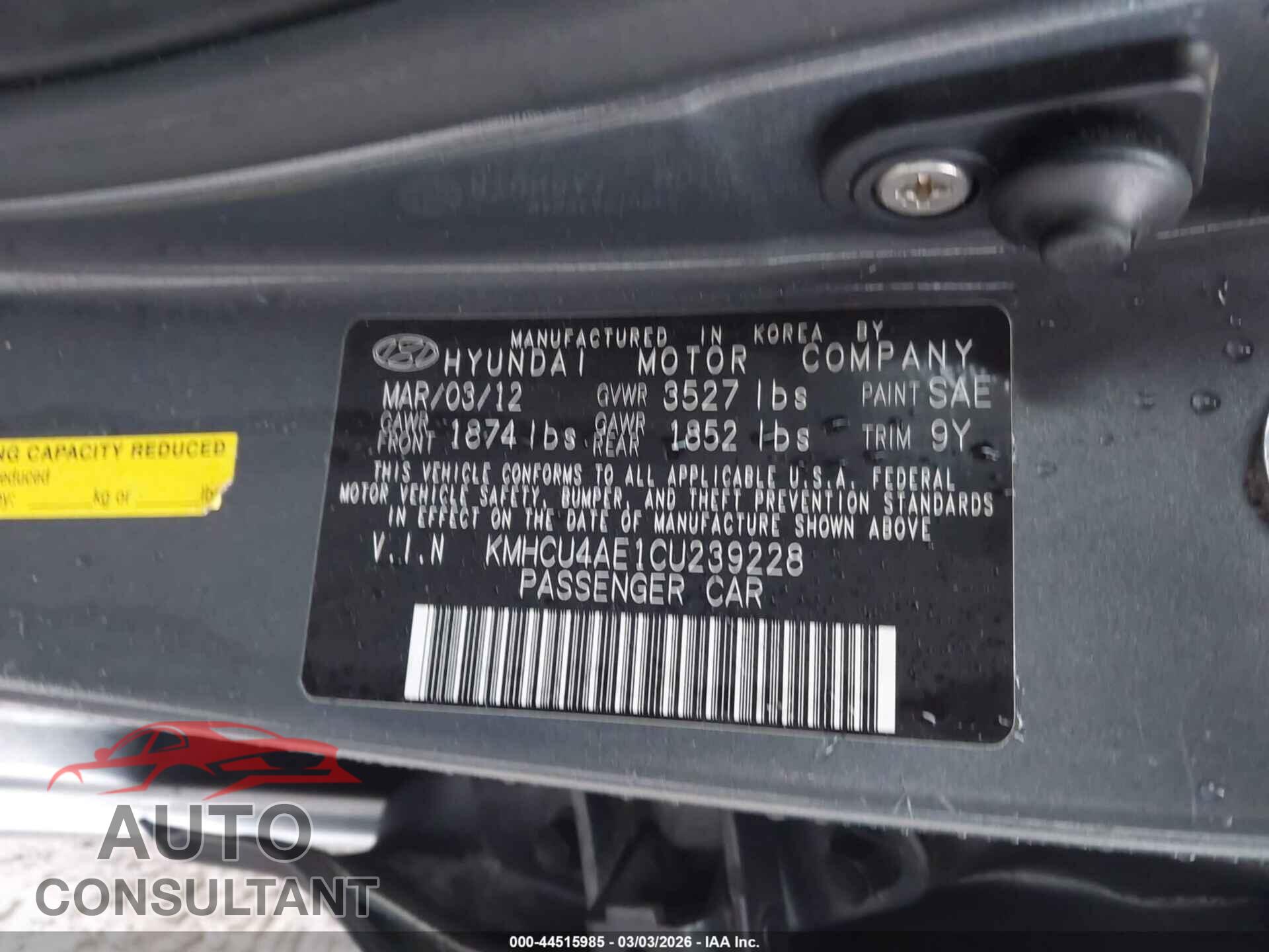 HYUNDAI ACCENT 2012 - KMHCU4AE1CU239228