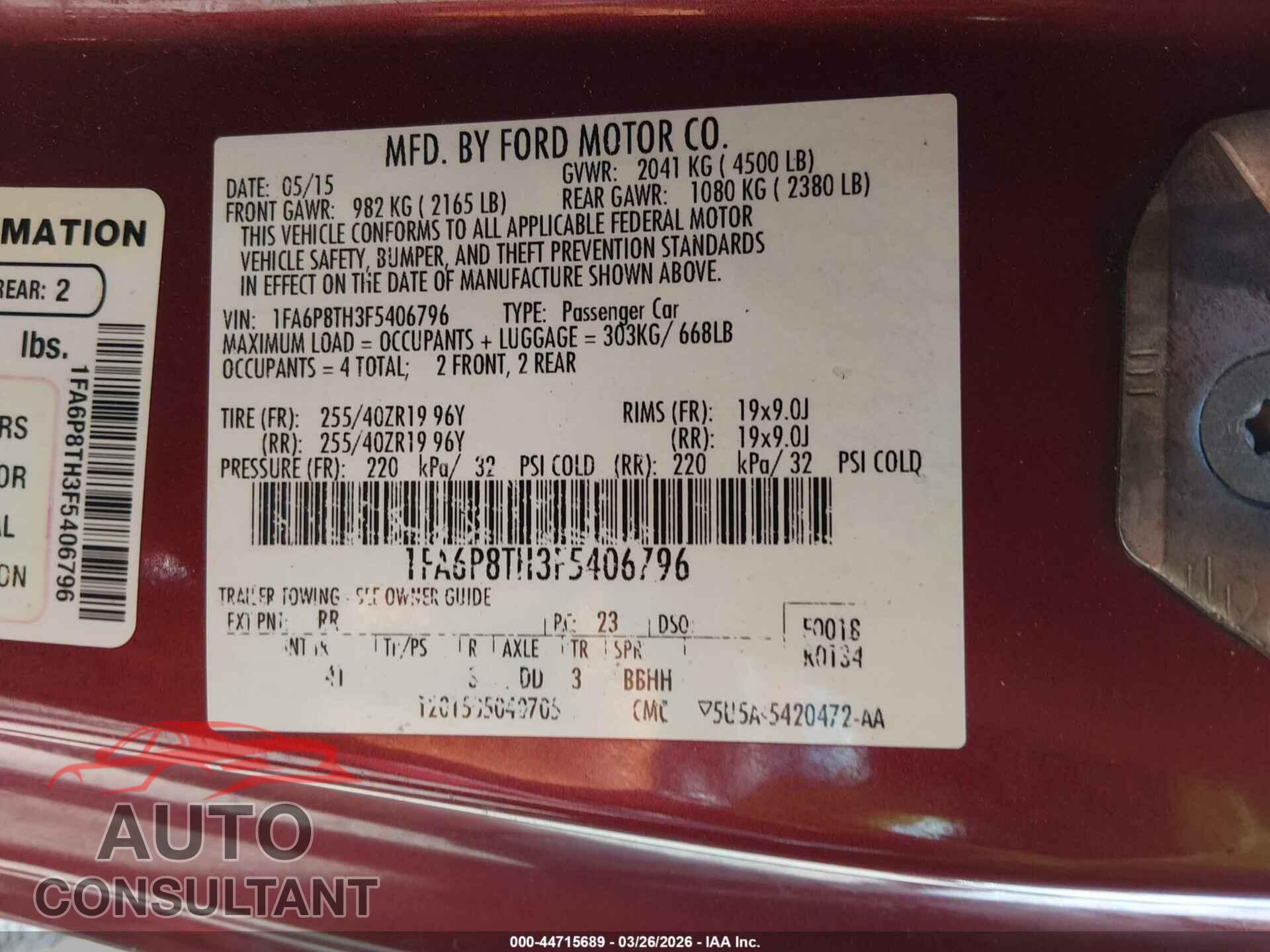 FORD MUSTANG 2015 - 1FA6P8TH3F5406796