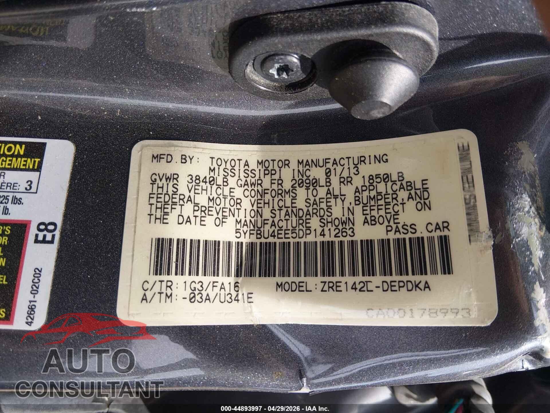 TOYOTA COROLLA 2013 - 5YFBU4EE5DP141263