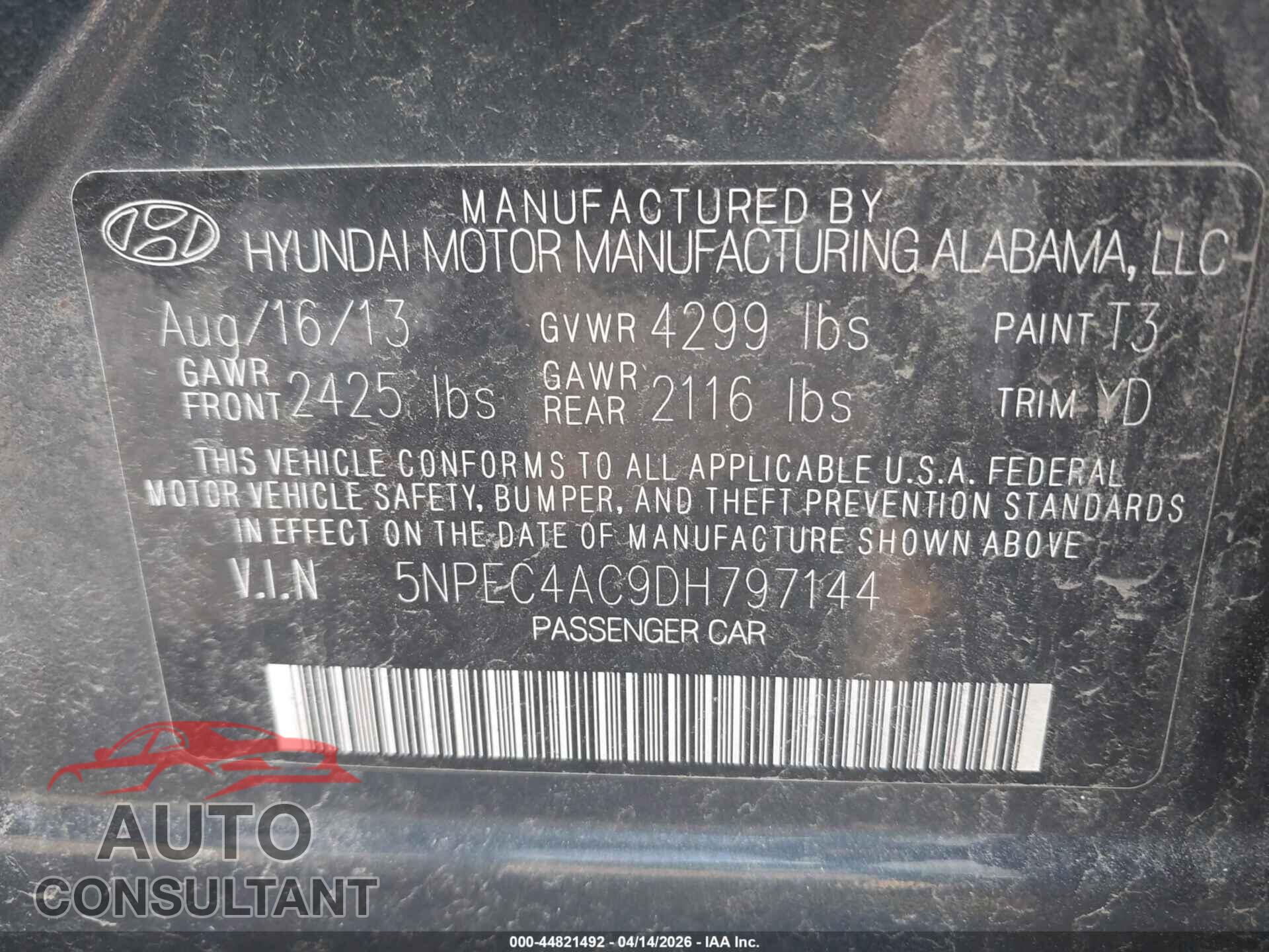 HYUNDAI SONATA 2013 - 5NPEC4AC9DH797144