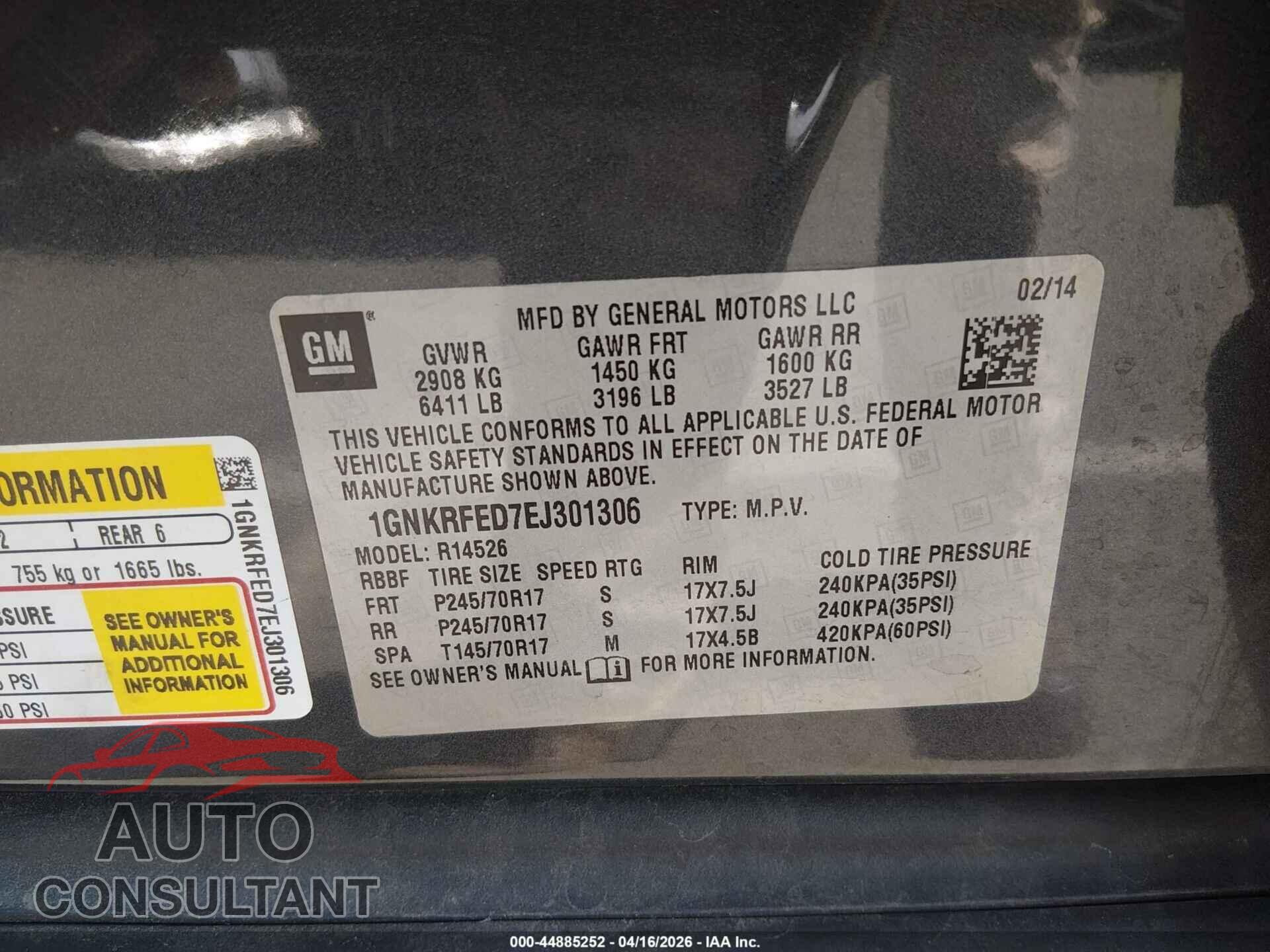 CHEVROLET TRAVERSE 2014 - 1GNKRFED7EJ301306