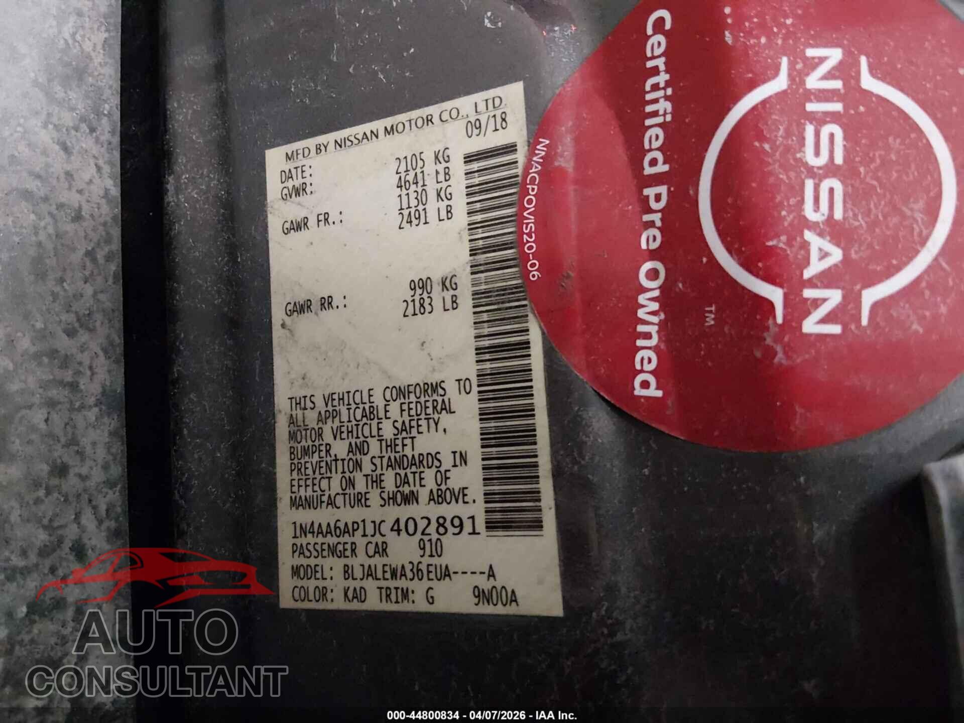 NISSAN MAXIMA 2018 - 1N4AA6AP1JC402891