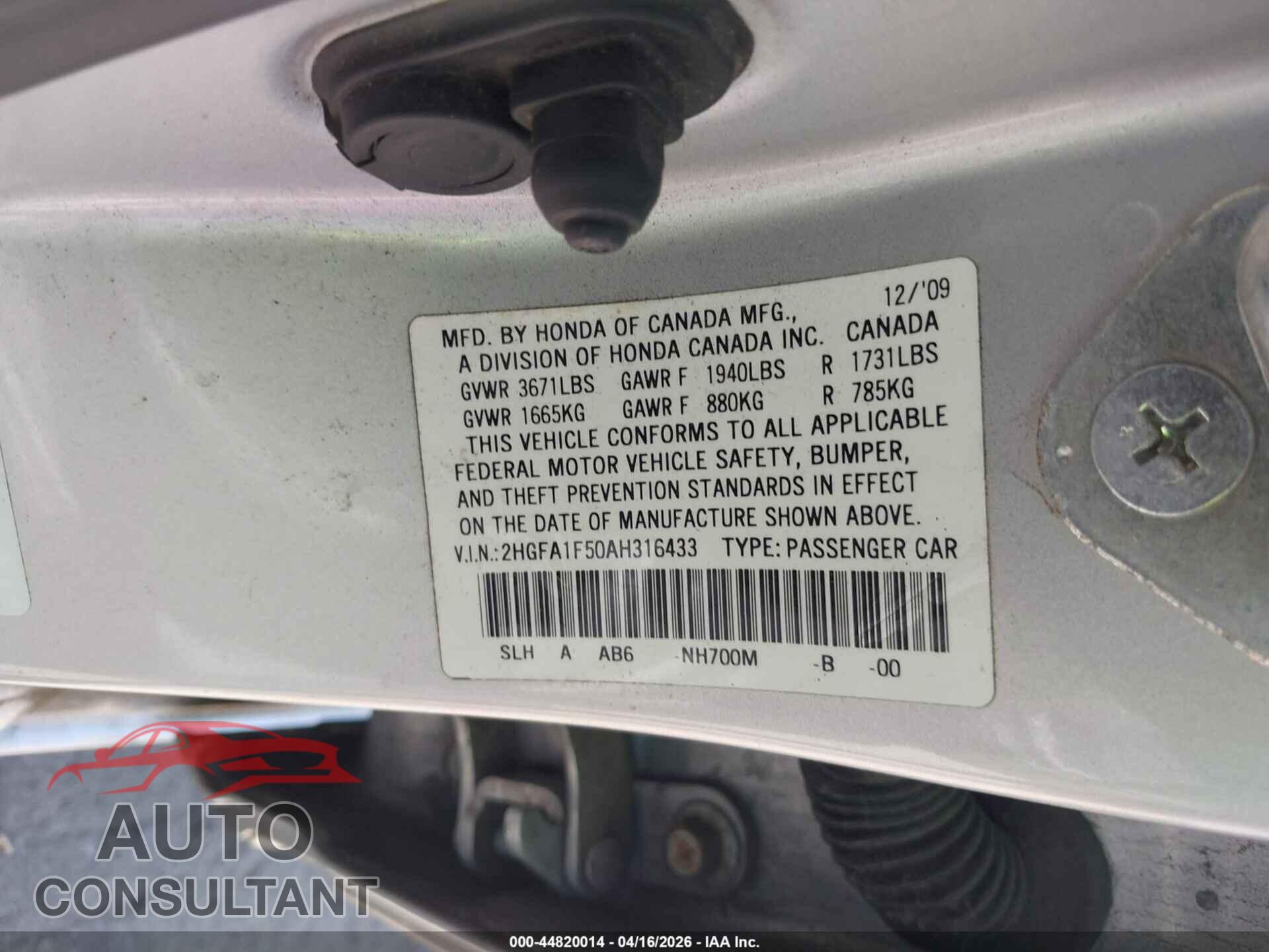 HONDA CIVIC 2010 - 2HGFA1F50AH316433