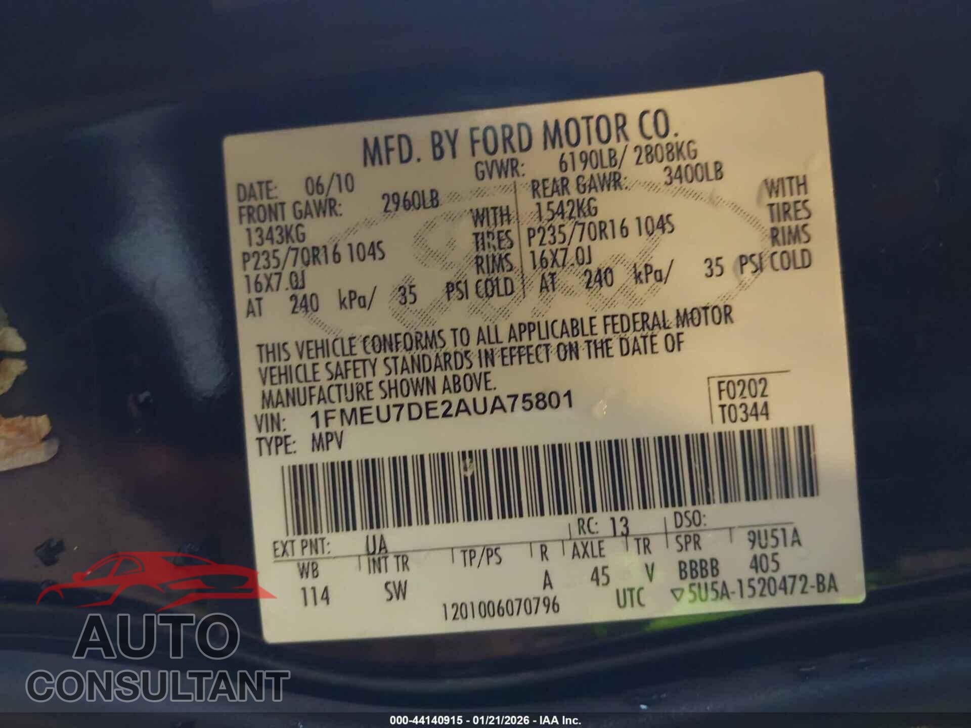 FORD EXPLORER 2010 - 1FMEU7DE2AUA75801