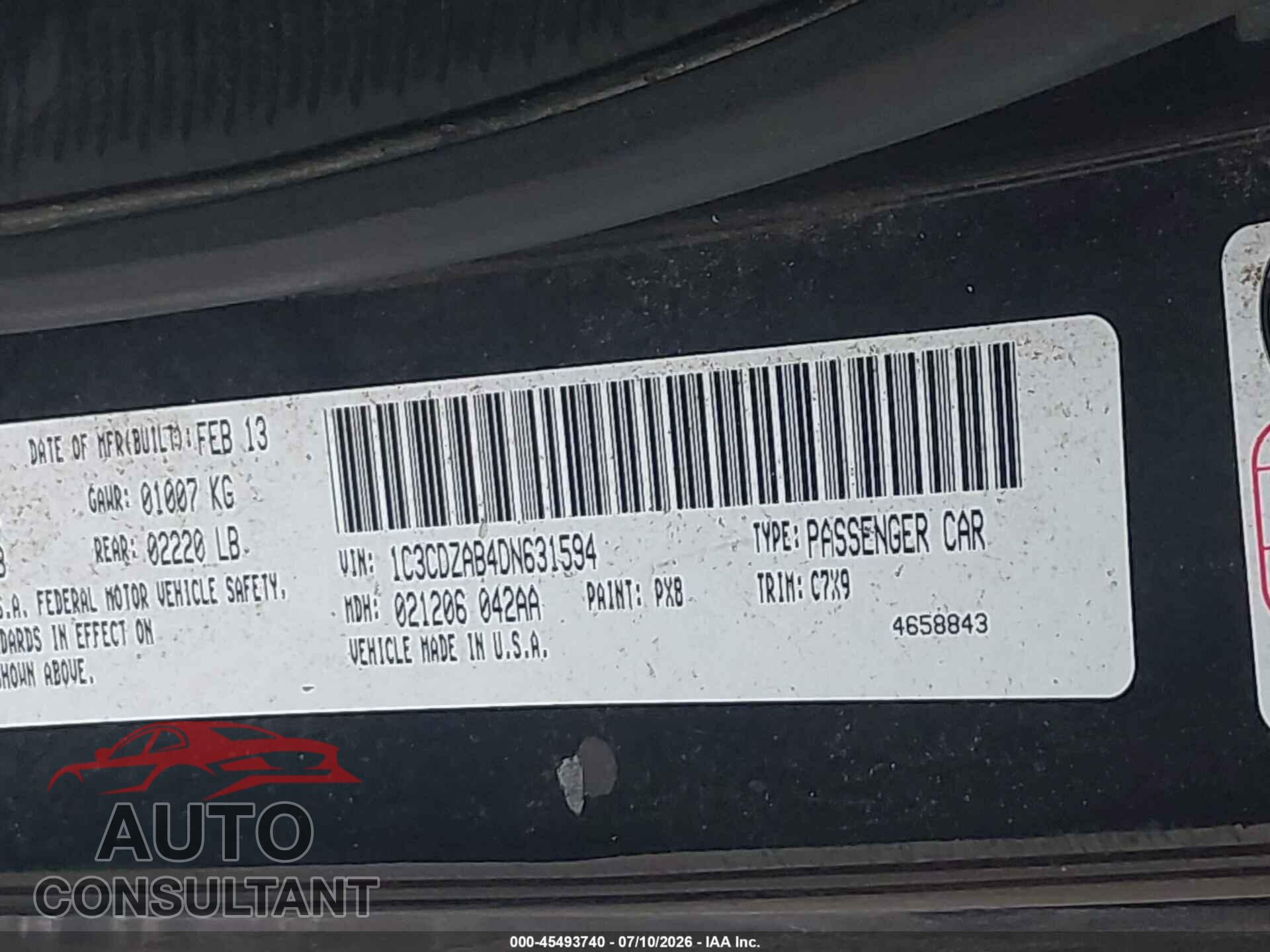 DODGE AVENGER 2013 - 1C3CDZAB4DN631594