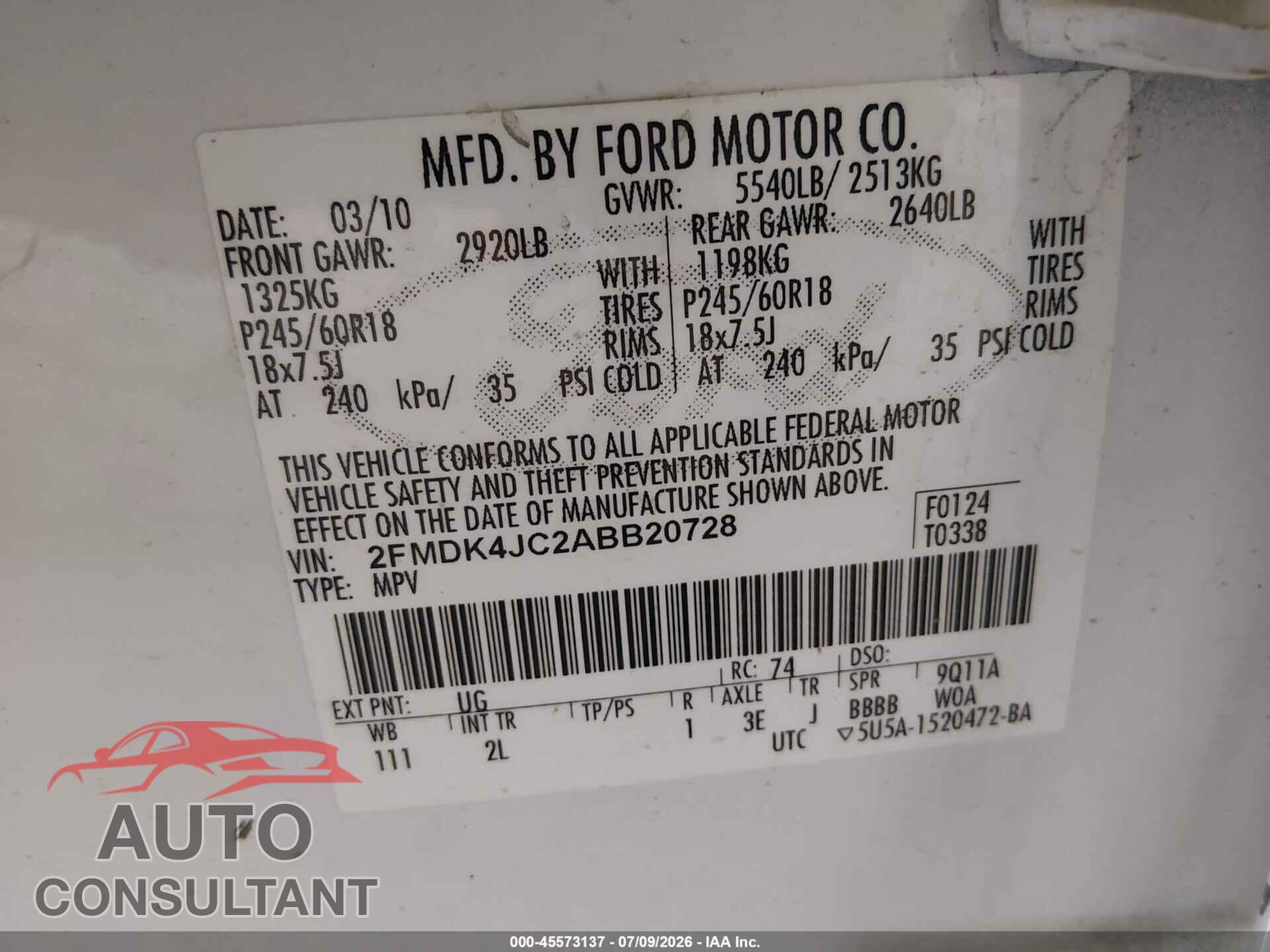 FORD EDGE 2010 - 2FMDK4JC2ABB20728