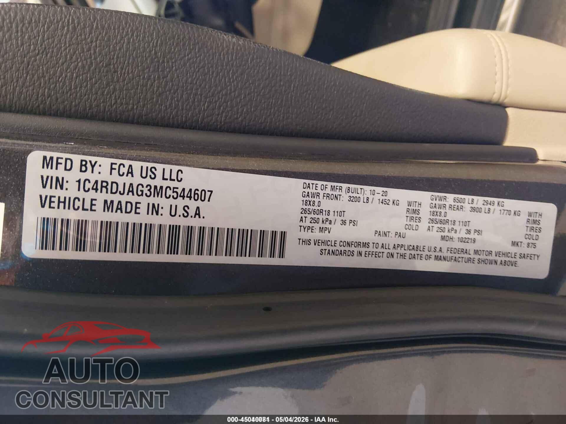 DODGE DURANGO 2021 - 1C4RDJAG3MC544607