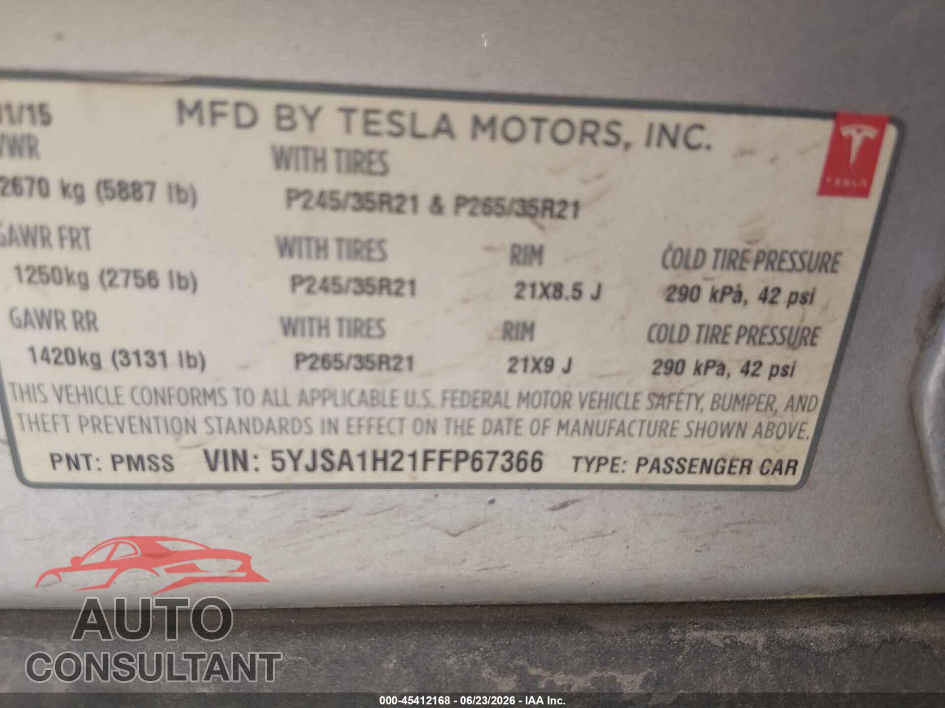 TESLA MODEL S 2015 - 5YJSA1H21FFP67366