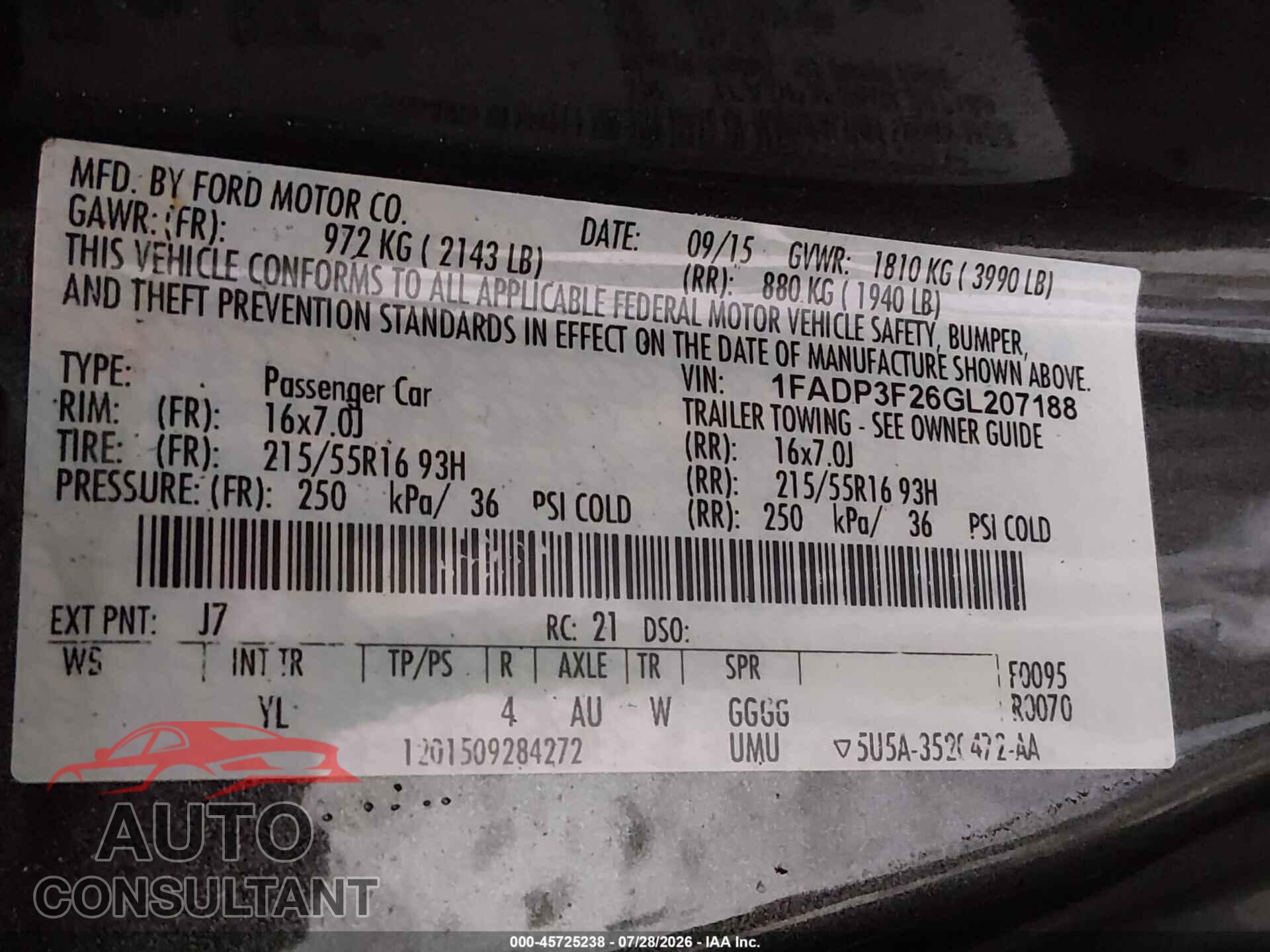 FORD FOCUS 2016 - 1FADP3F26GL207188