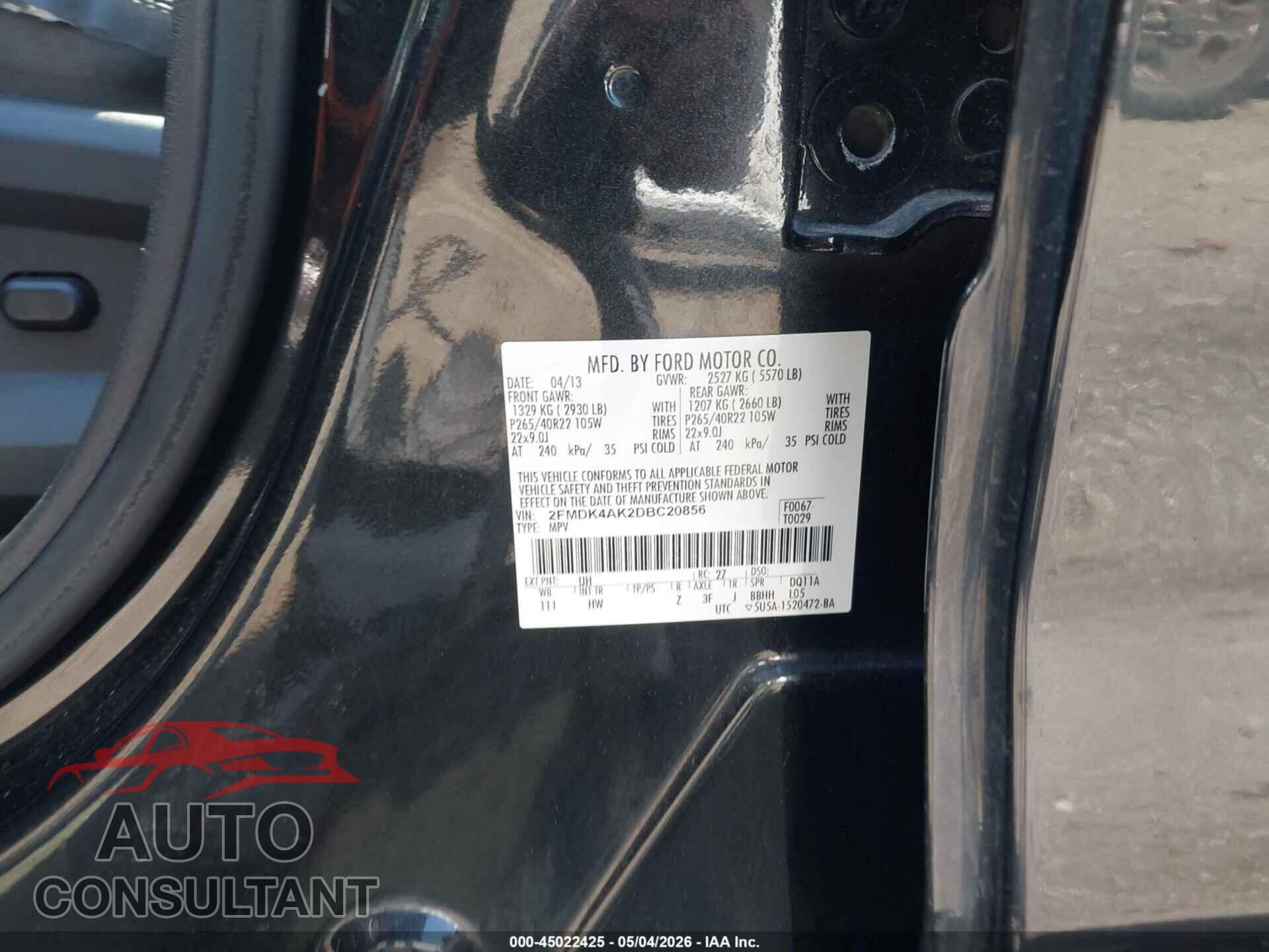 FORD EDGE 2013 - 2FMDK4AK2DBC20856