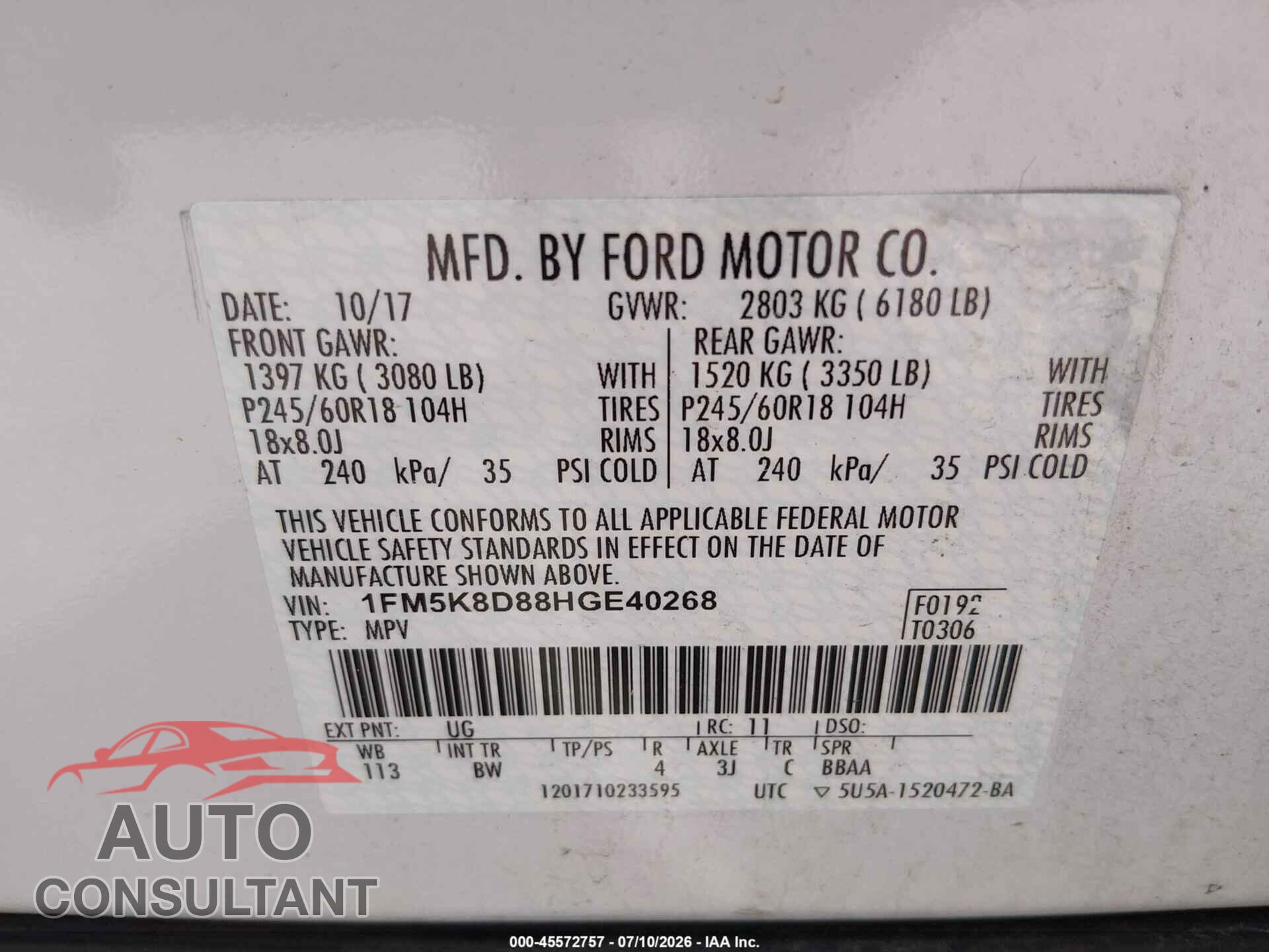 FORD EXPLORER 2017 - 1FM5K8D88HGE40268