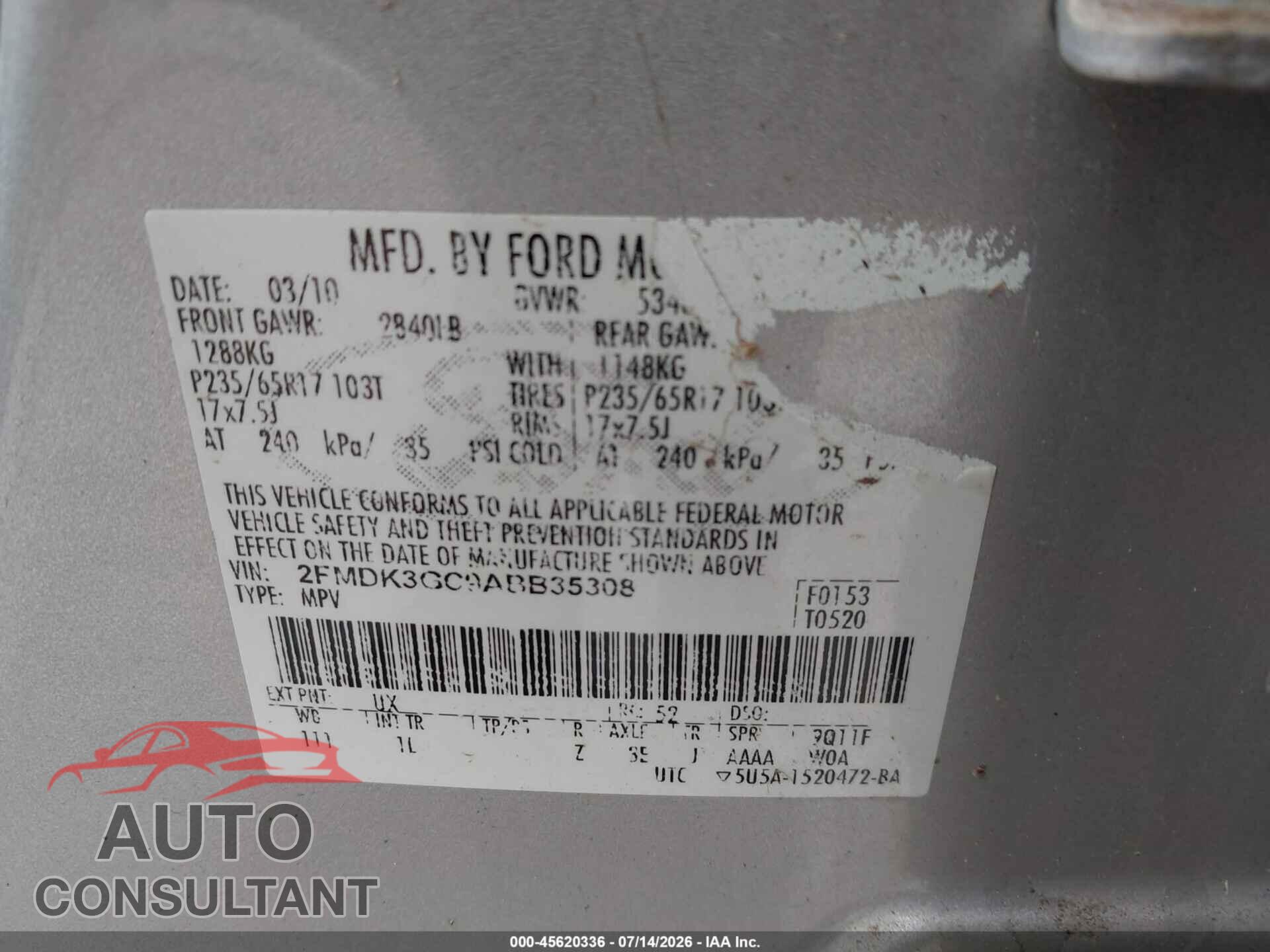 FORD EDGE 2010 - 2FMDK3GC9ABB35308
