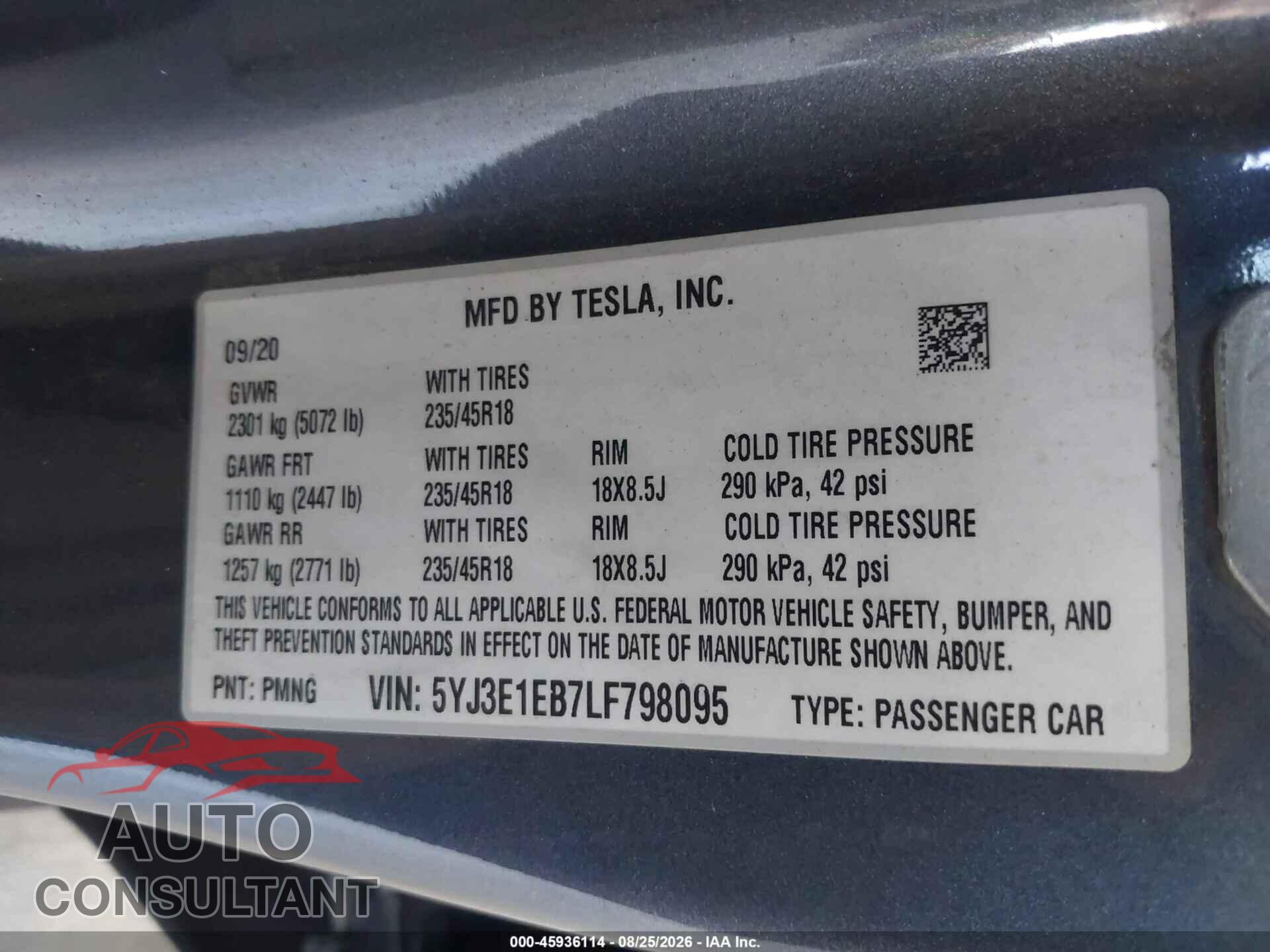TESLA MODEL 3 2020 - 5YJ3E1EB7LF798095