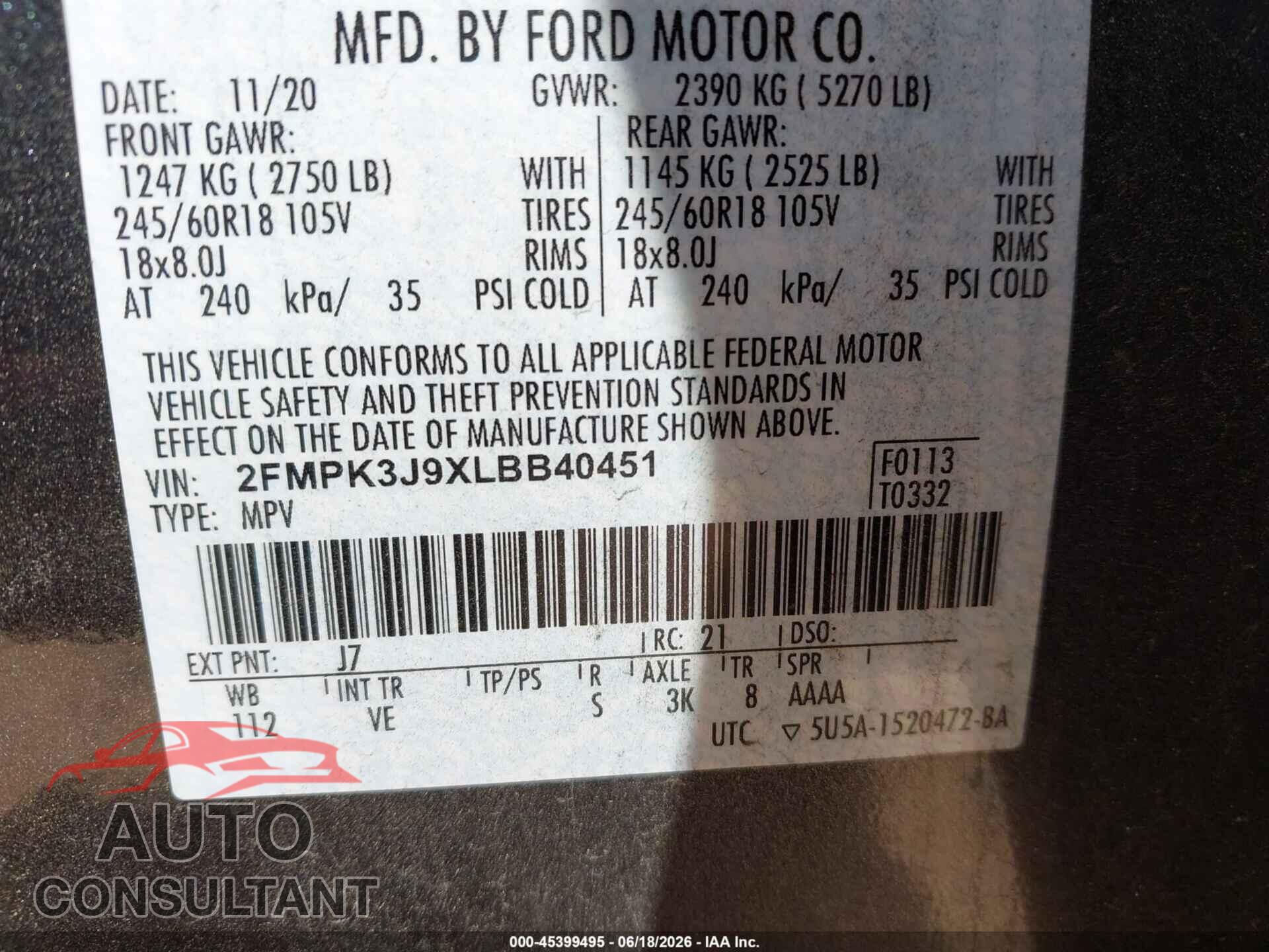 FORD EDGE 2020 - 2FMPK3J9XLBB40451
