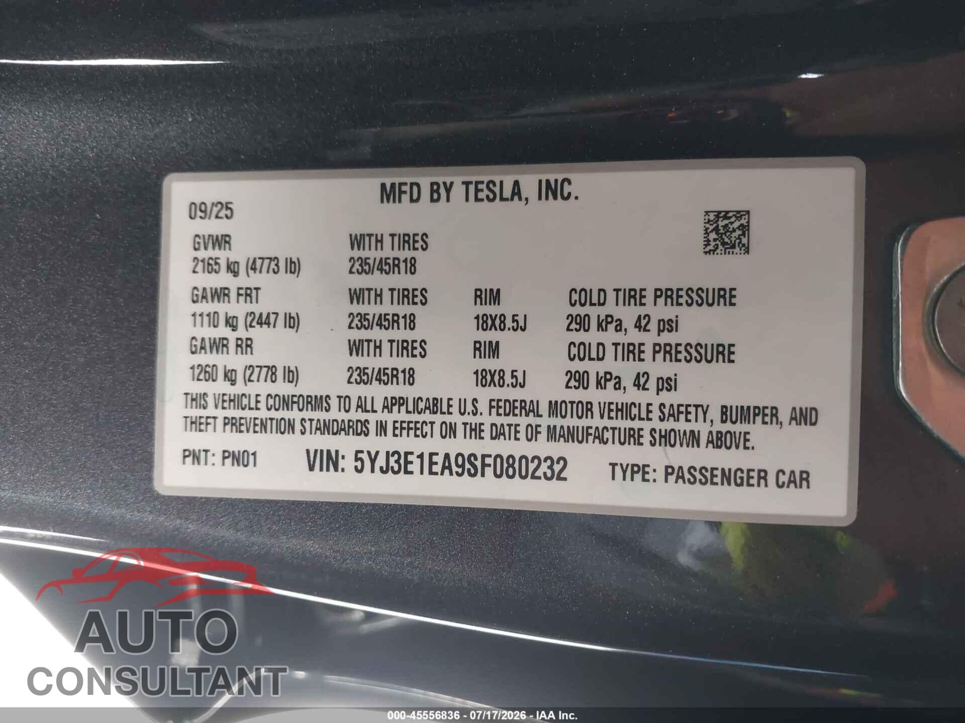 TESLA MODEL 3 2025 - 5YJ3E1EA9SF080232